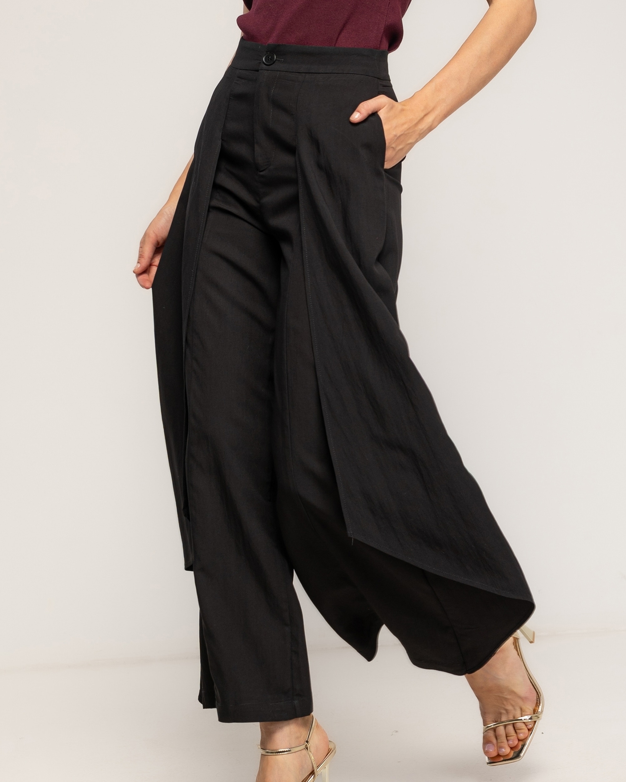 Pantalon de mujer fluido con sobrecapa a los lados - Tantra - Negro Negro-4