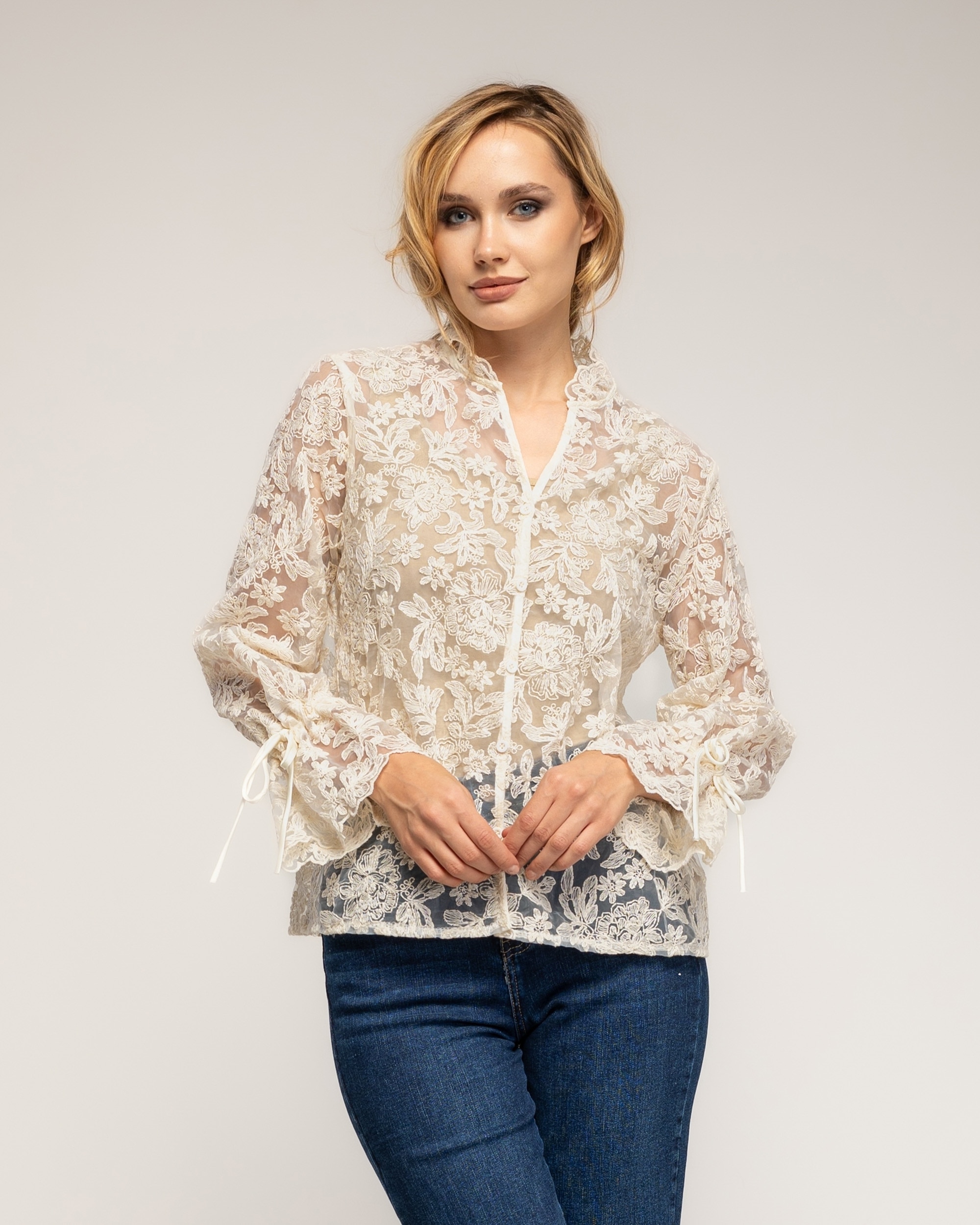 Blusa de mujer de encaje con cuello pico - Tantra - Crudo Crudo-1