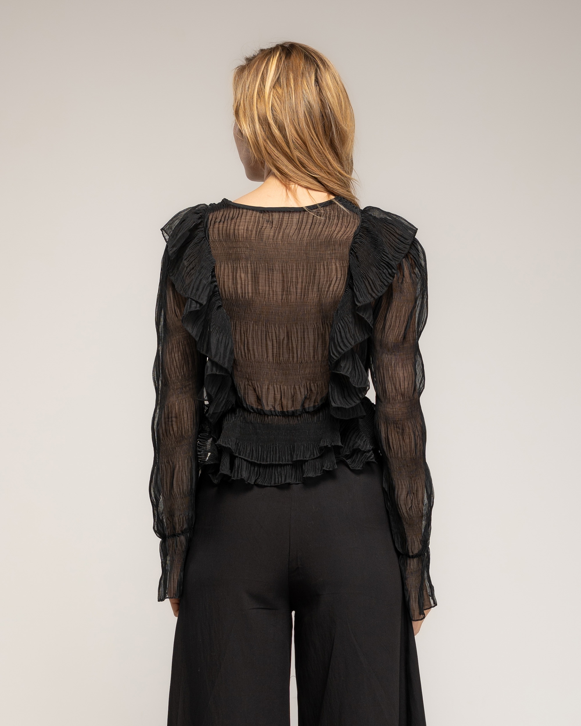 Top de mujer volantes plisado con cuello pico - Tantra - Negro Negro-2