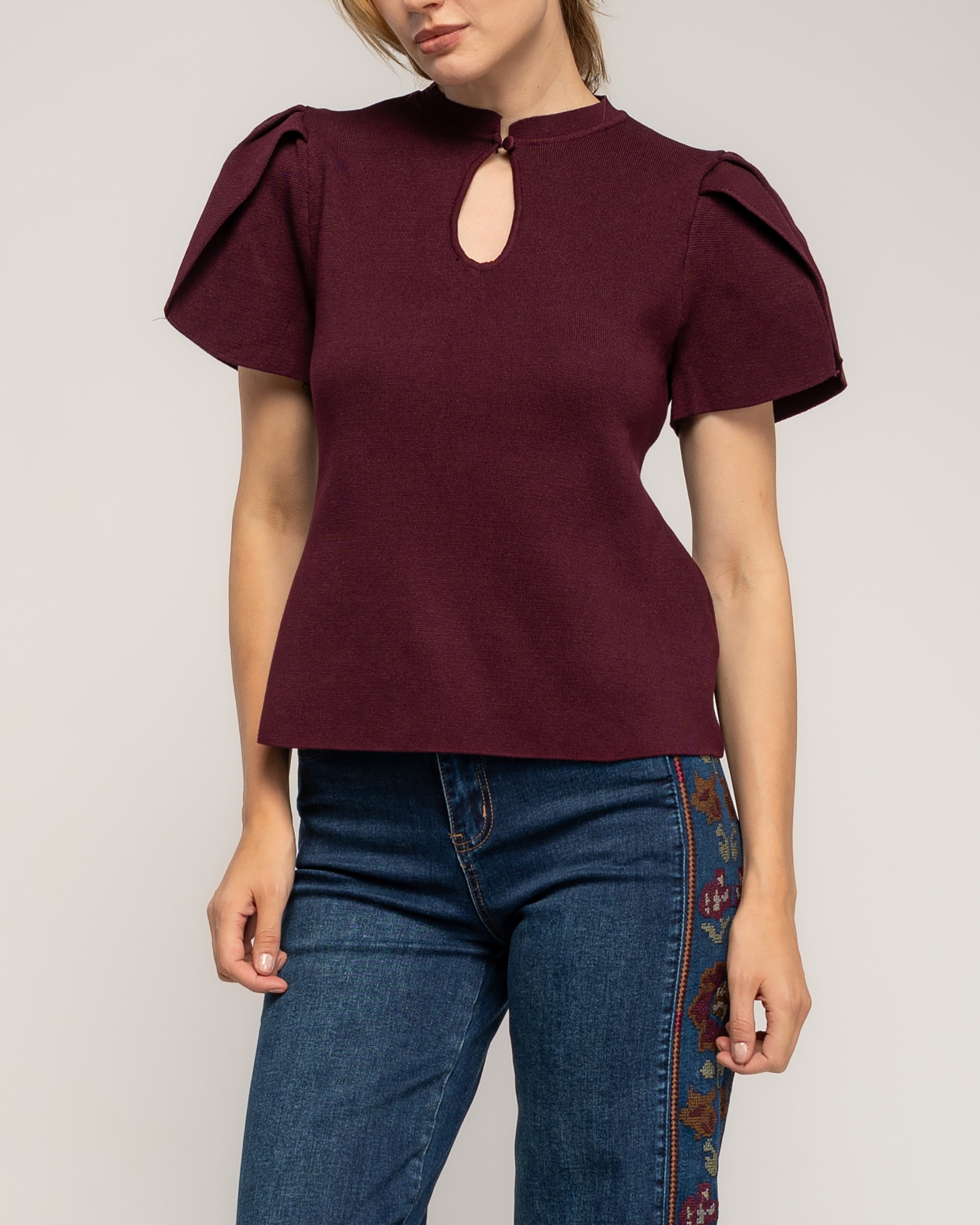 Jersey de mujer de punto fino con pliegues en los hombros - Tantra - Burdeos Burdeos-3