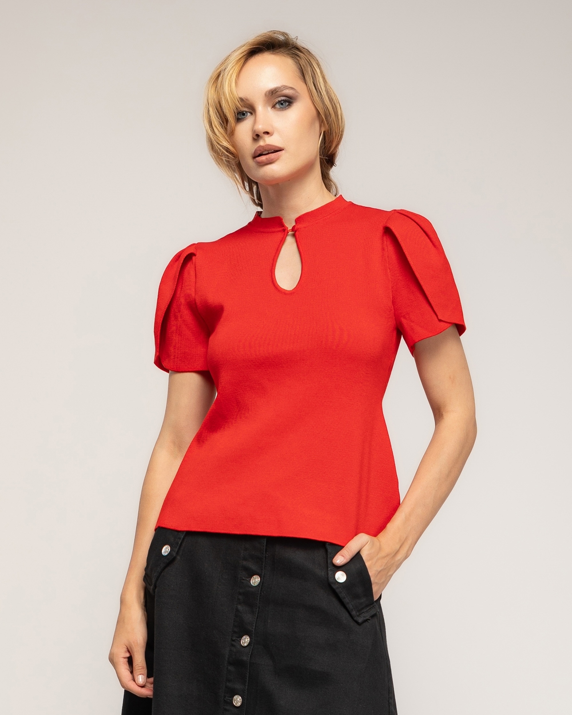 Jersey de mujer de punto fino con pliegues en los hombros - Tantra - Rojo Rojo-1