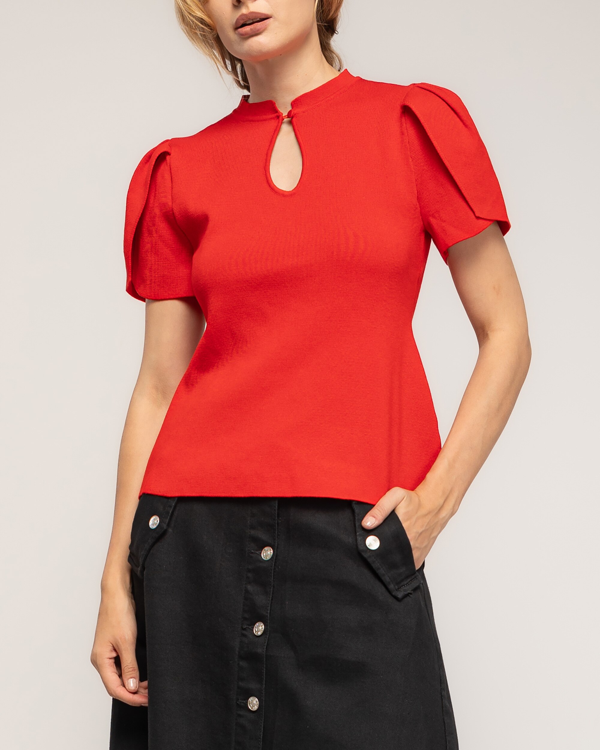 Jersey de mujer de punto fino con pliegues en los hombros - Tantra - Rojo Rojo-3