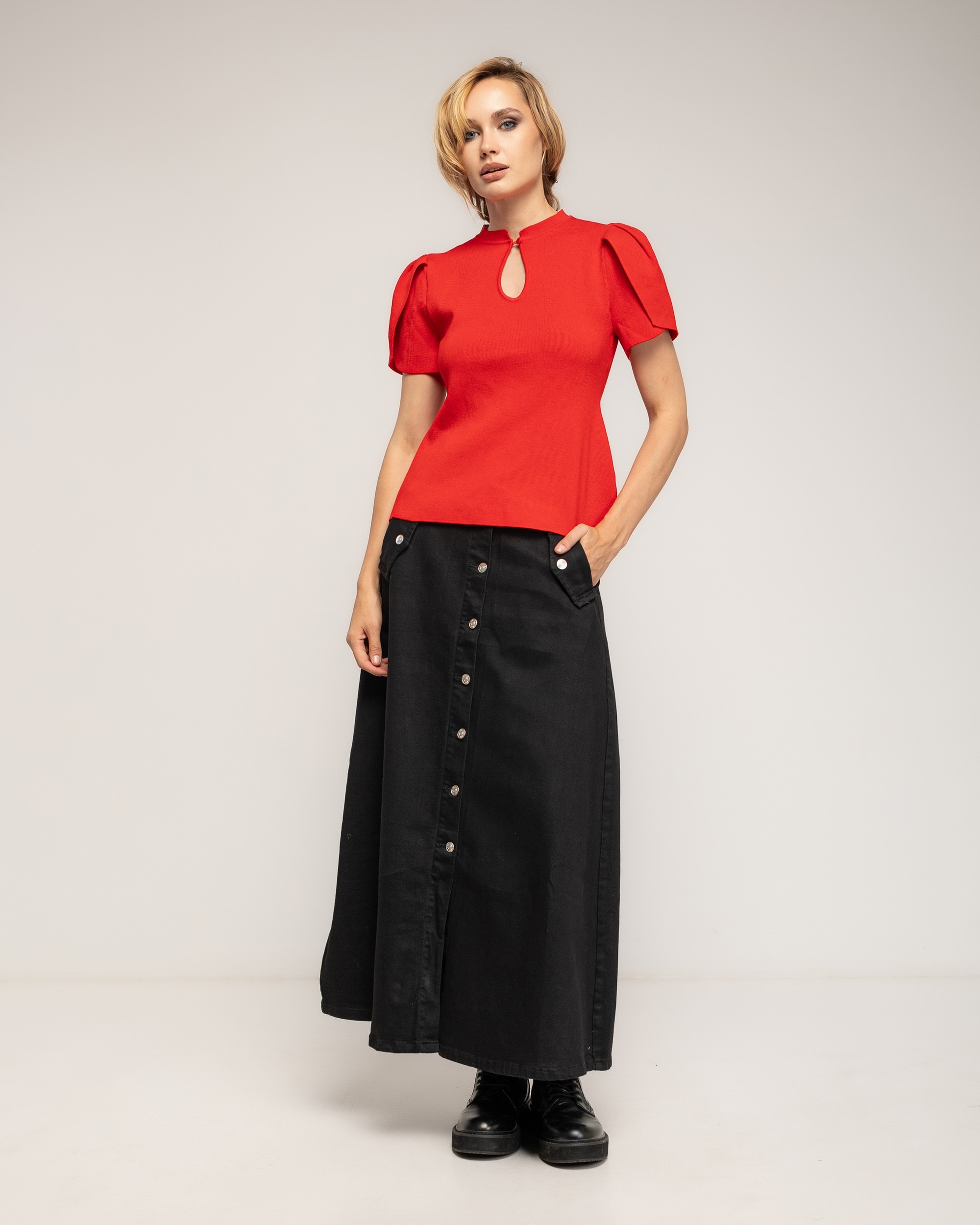 Jersey de mujer de punto fino con pliegues en los hombros - Tantra - Rojo Rojo-4