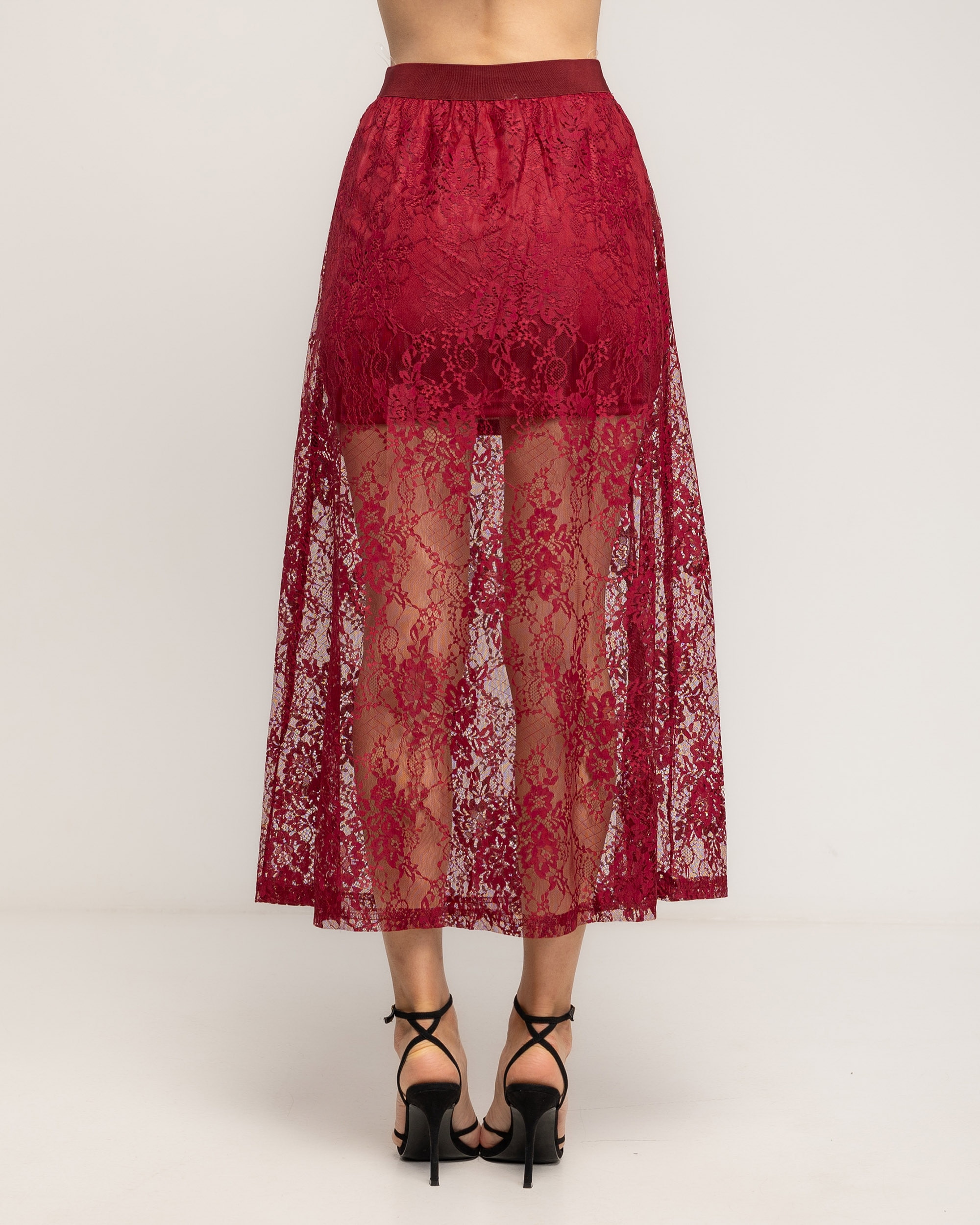 Falda midi de encaje con cintura elástica - Tantra - Burdeos Burdeos-3