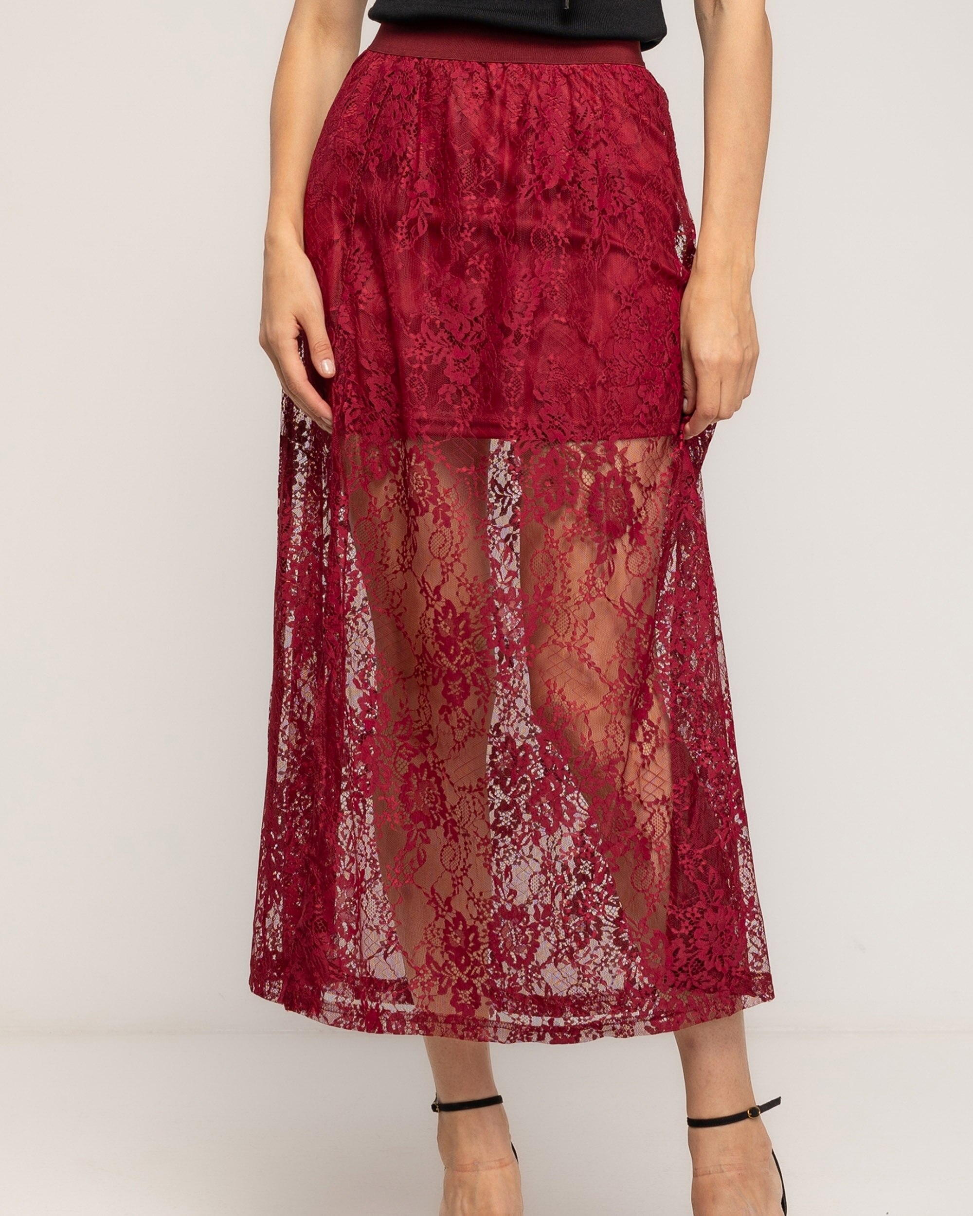 Falda midi de encaje con cintura elástica - Tantra - Burdeos Burdeos-4