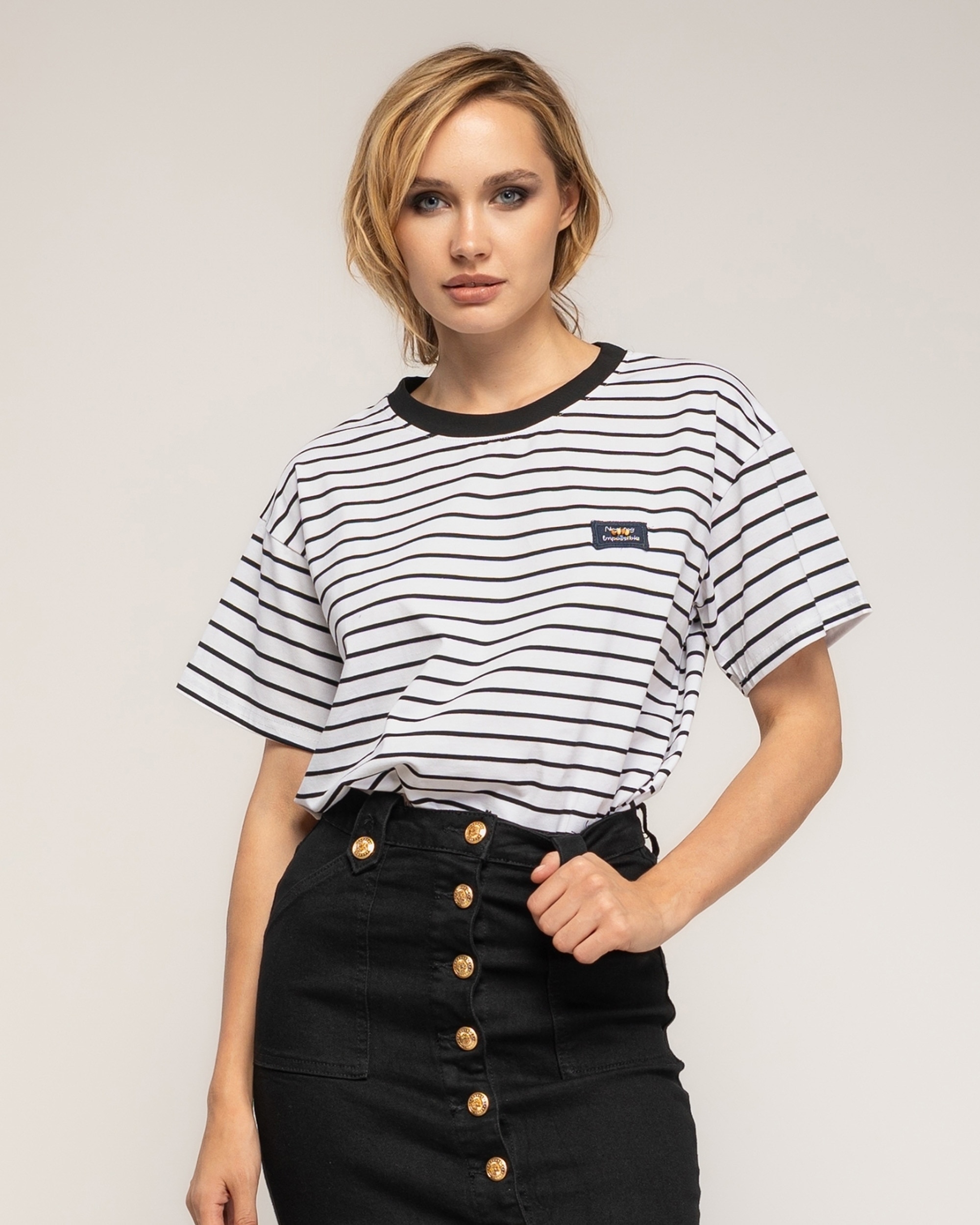 Camiseta de mujer 100% algodón de rayas gruesas - Tantra - Negro Negro-1