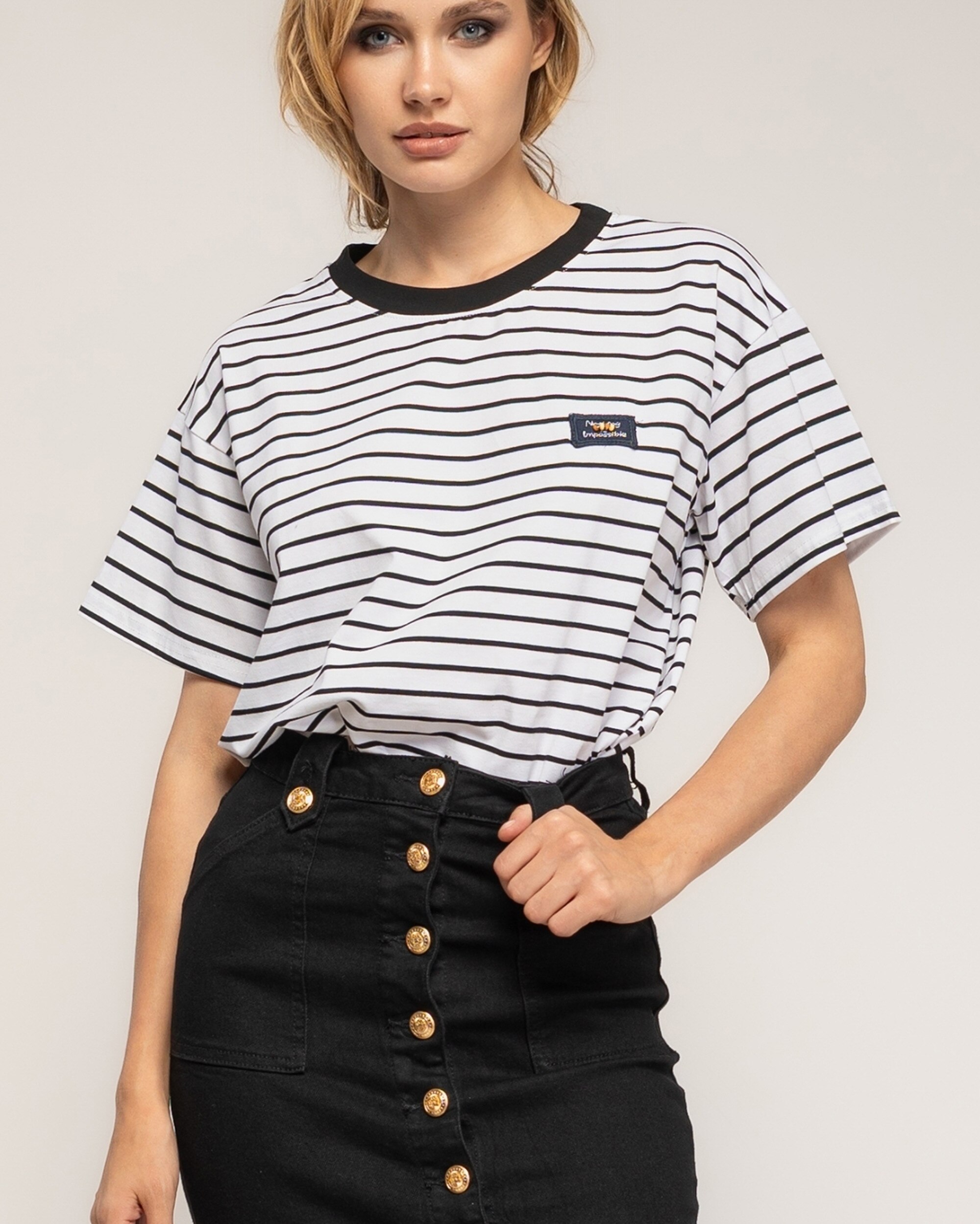 Camiseta de mujer 100% algodón de rayas gruesas - Tantra - Negro Negro-3