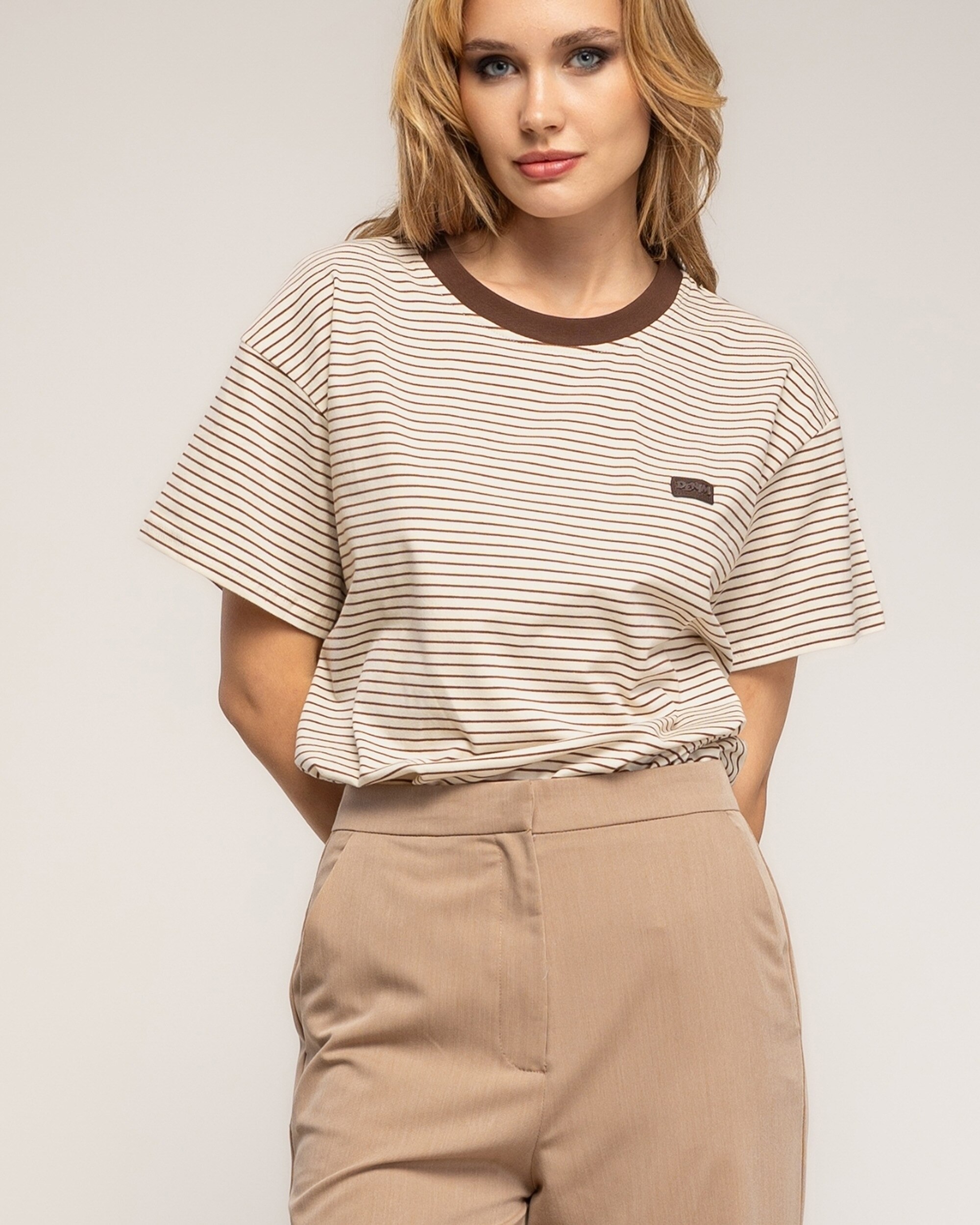 Camiseta de mujer 100% algodón de rayas finas - Tantra - Marrón Marrón-3