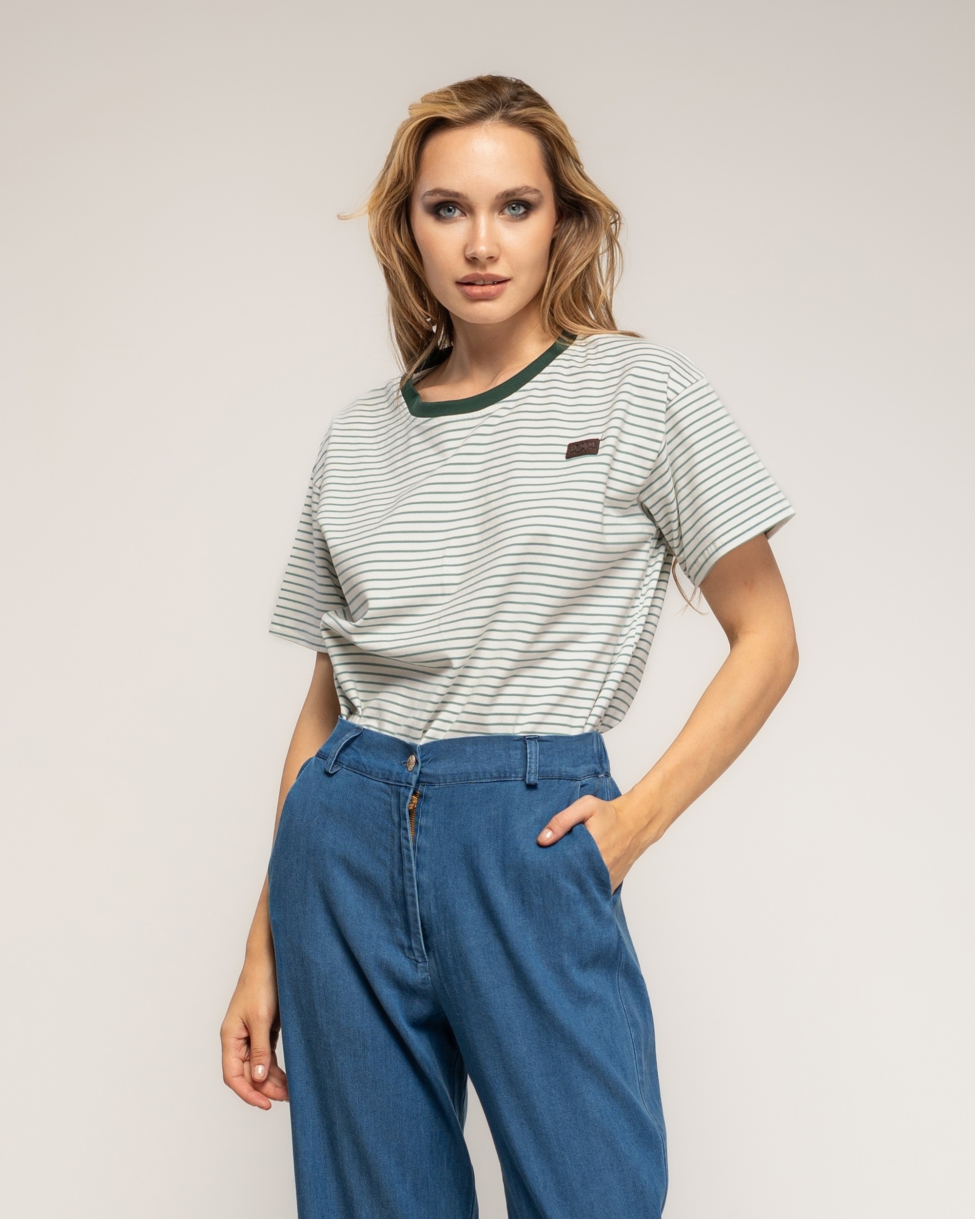 Camiseta de mujer 100% algodón de rayas finas - Tantra - Verde militar Verde militar-1