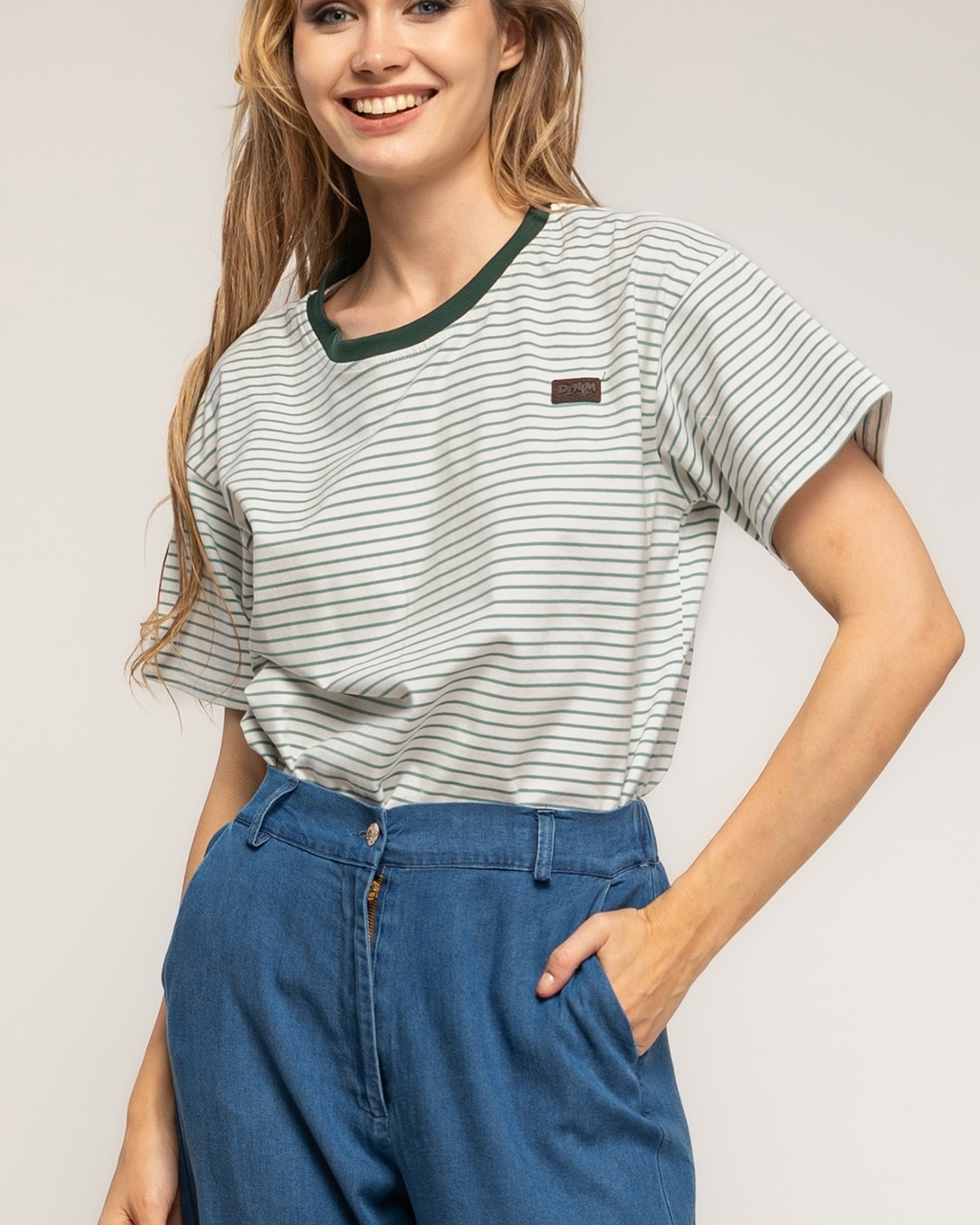 Camiseta de mujer 100% algodón de rayas finas - Tantra - Verde militar Verde militar-3