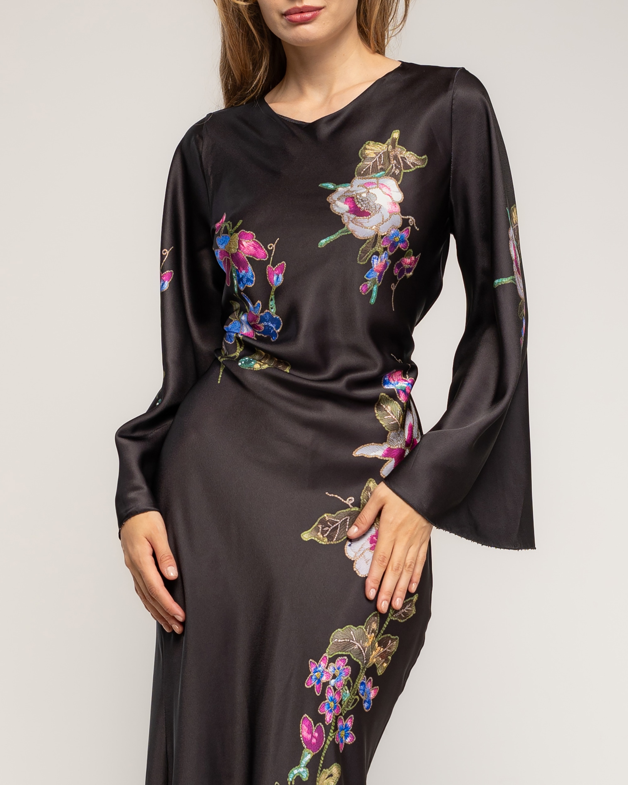 Vestido maxi con dibujo de flores japonés - Tantra - Negro Negro-3