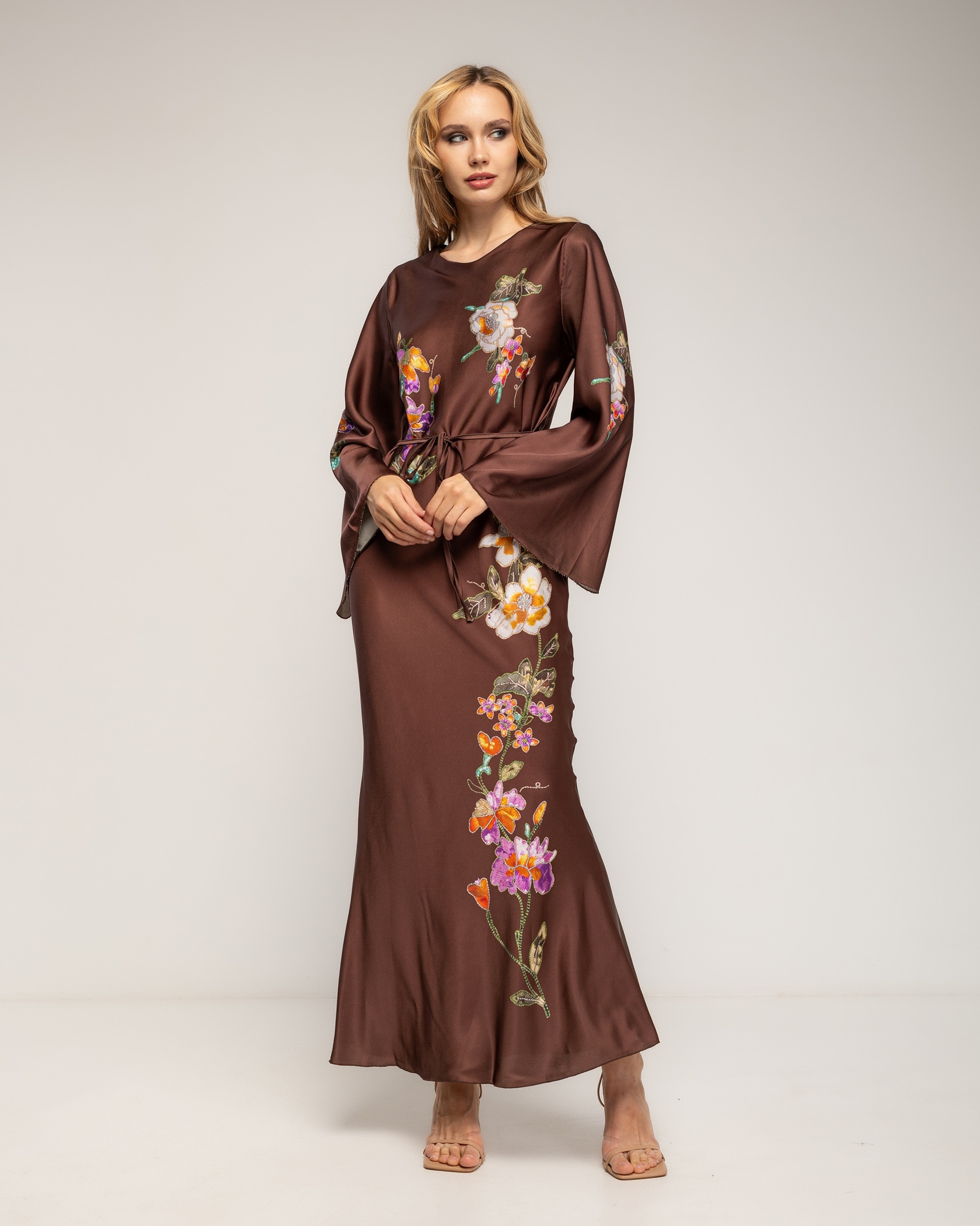 Vestido maxi con dibujo de flores japonés - Tantra - Marrón Marrón-1