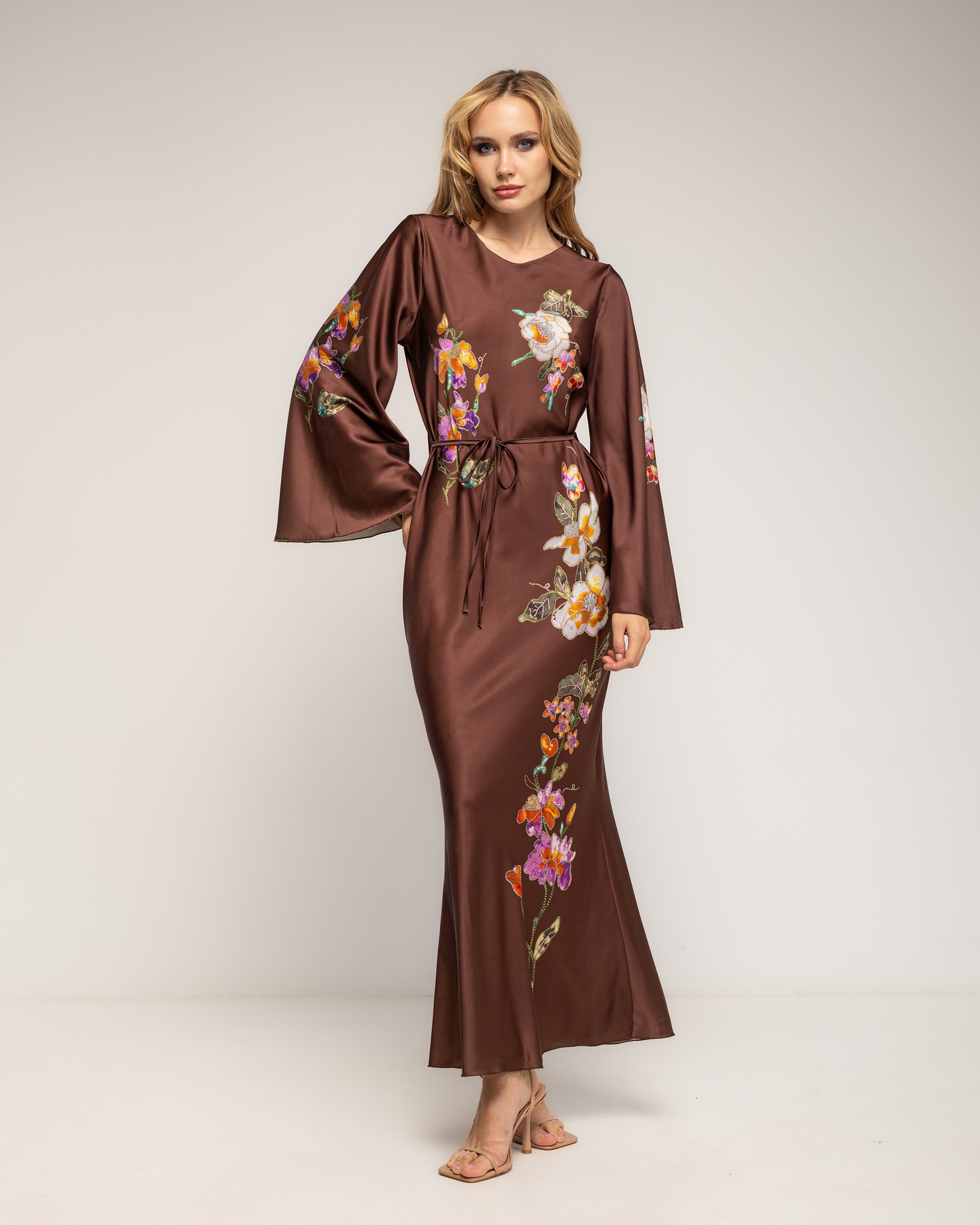 Vestido maxi con dibujo de flores japonés - Tantra - Marrón Marrón-2