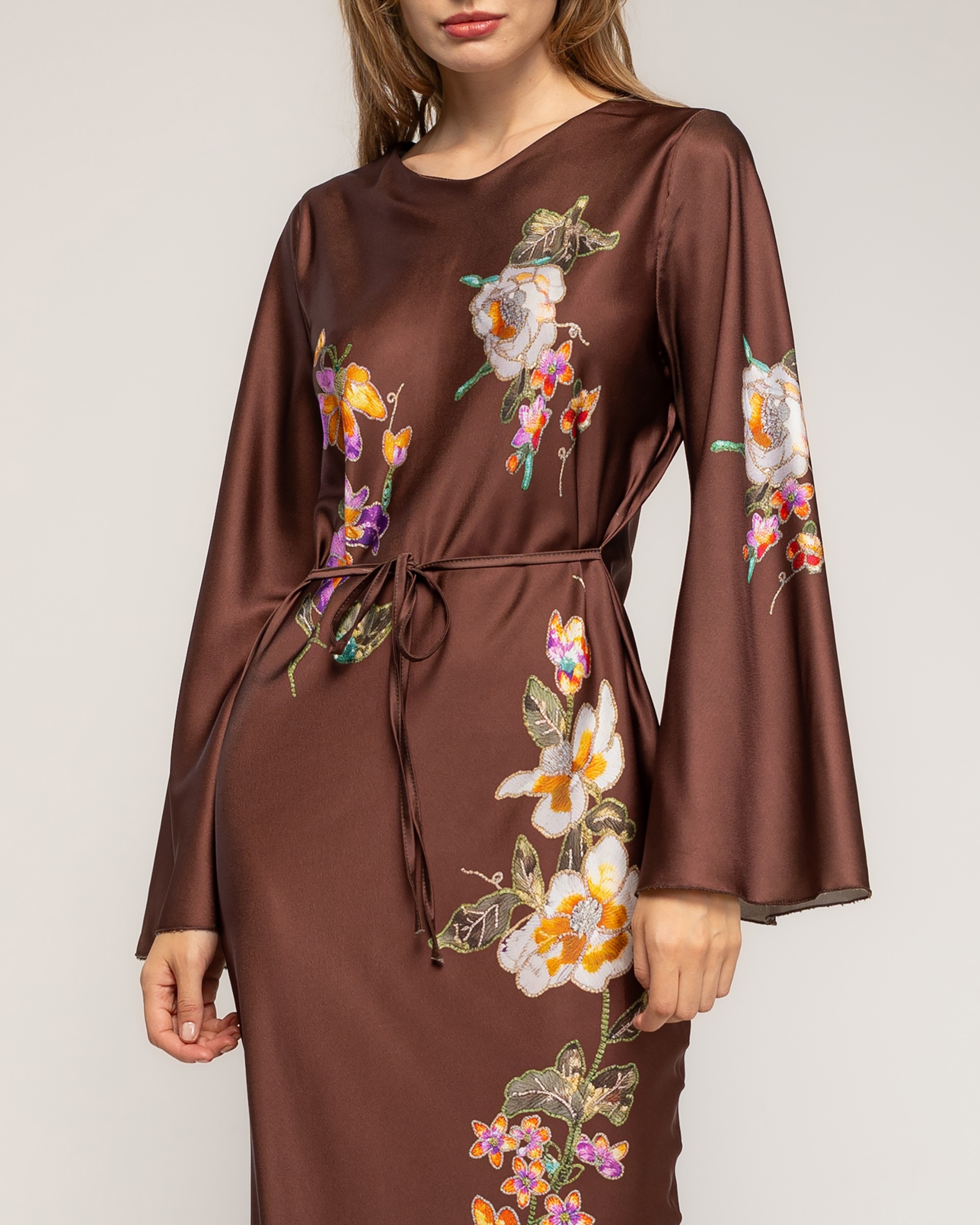 Vestido maxi con dibujo de flores japonés - Tantra - Marrón Marrón-4