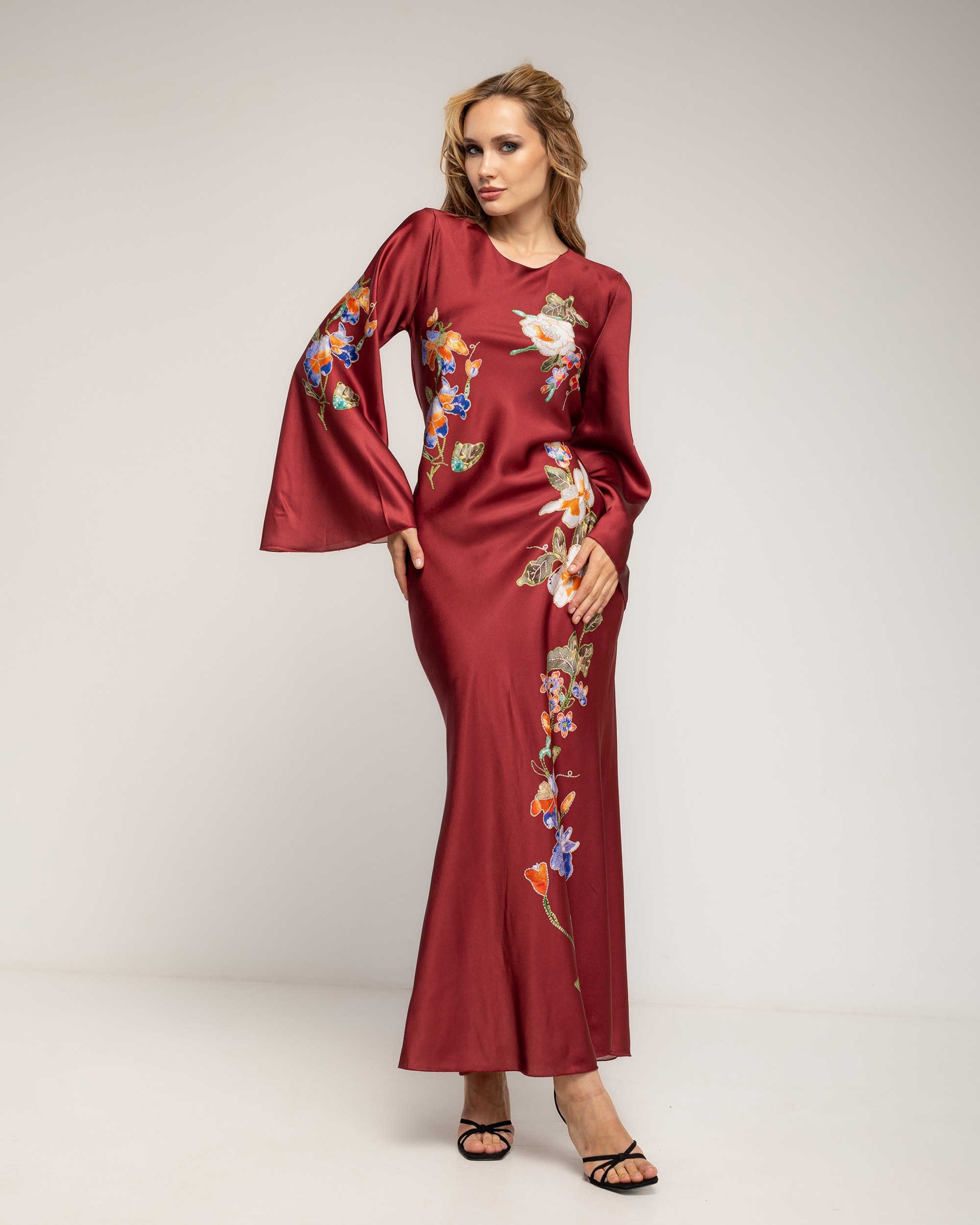 Vestido maxi con dibujo de flores japonés - Tantra - Burdeos Burdeos-1
