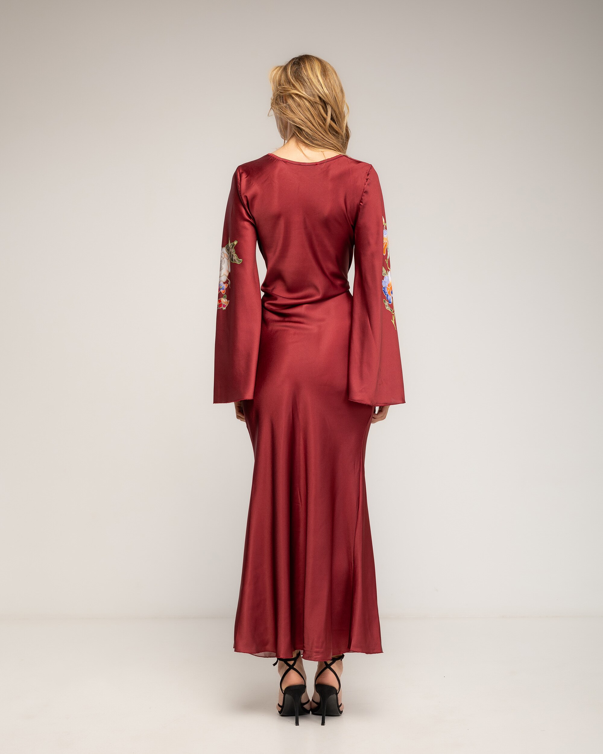 Vestido maxi con dibujo de flores japonés - Tantra - Burdeos Burdeos-2