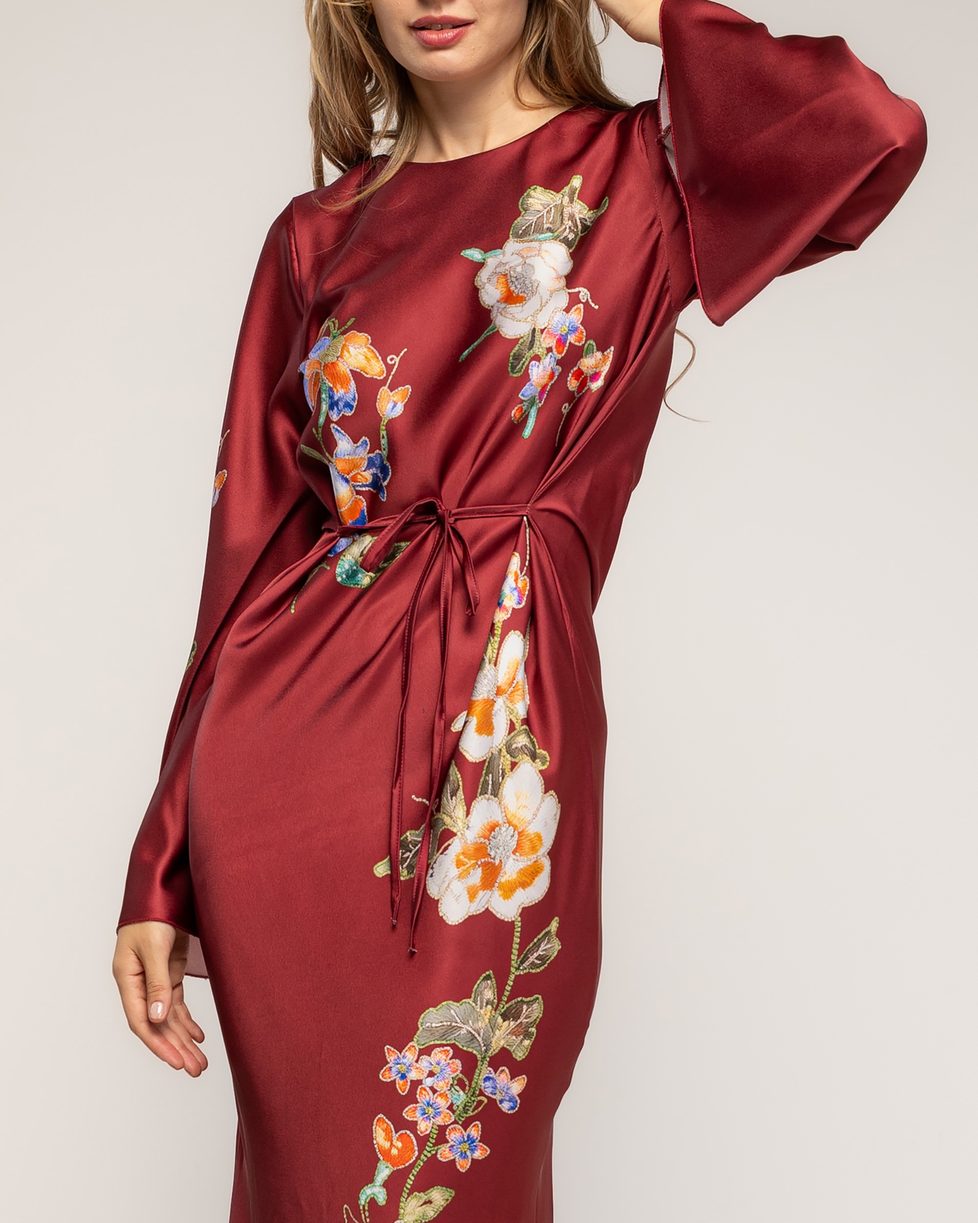 Vestido maxi con dibujo de flores japonés - Tantra - Burdeos Burdeos-3
