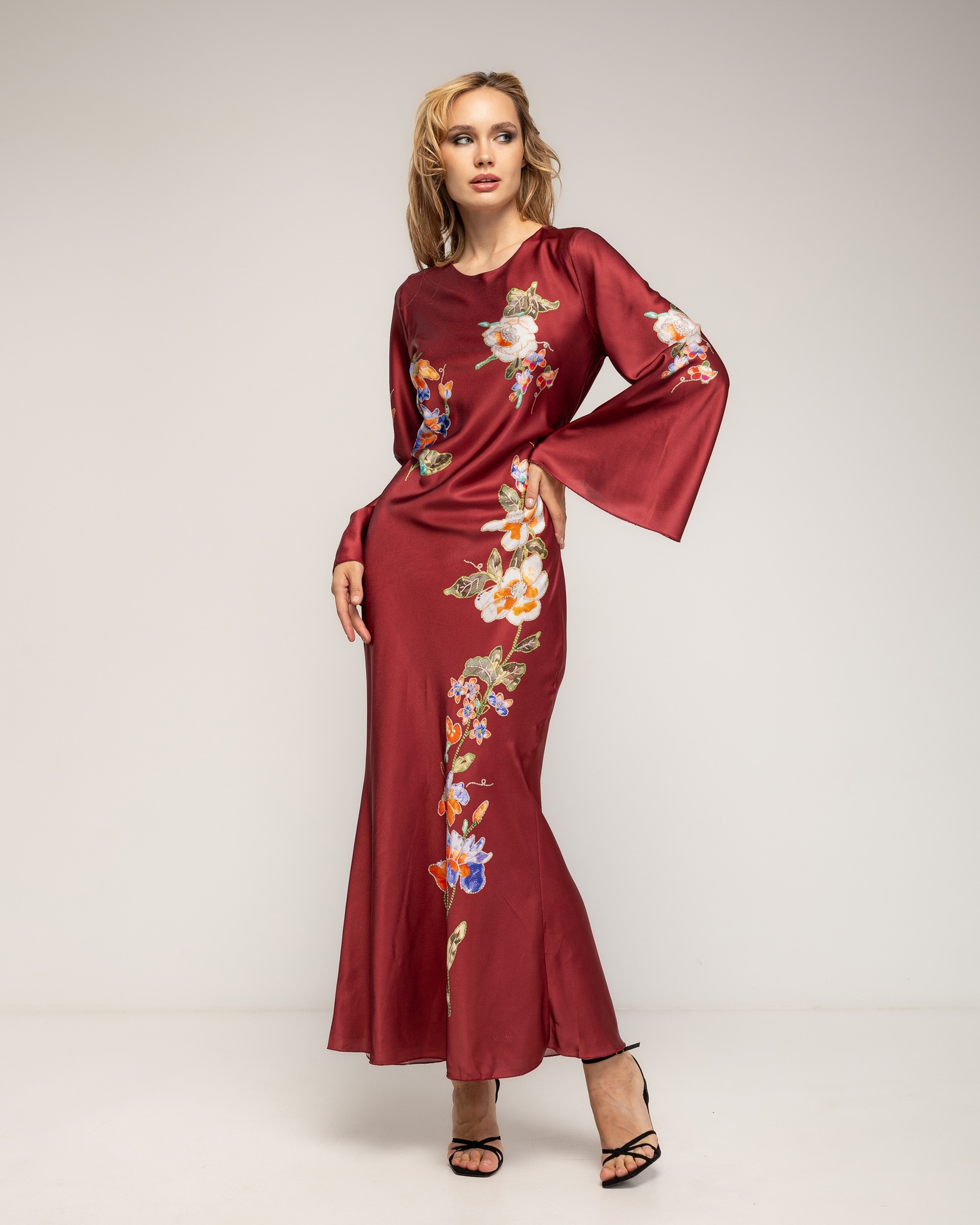 Vestido maxi con dibujo de flores japonés - Tantra - Burdeos Burdeos-4