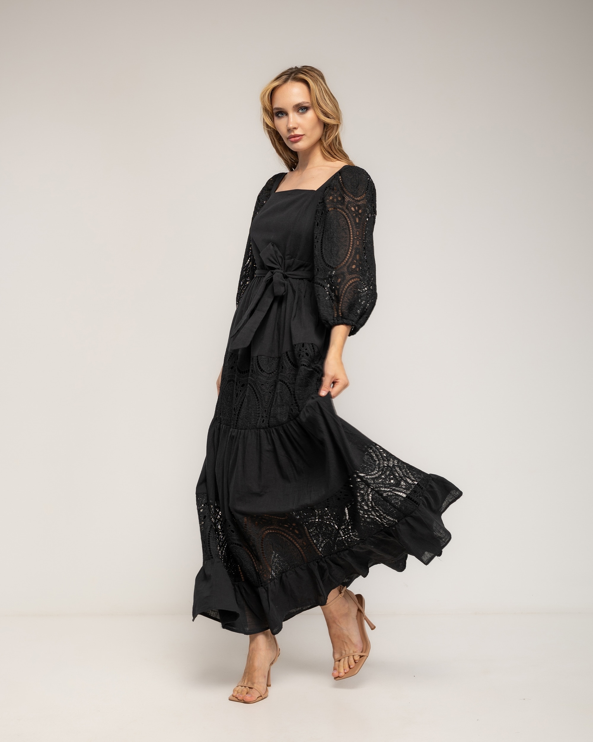 Vestido maxi con algodón, escote cuadrado y mangas farol - Tantra - Negro Negro-2