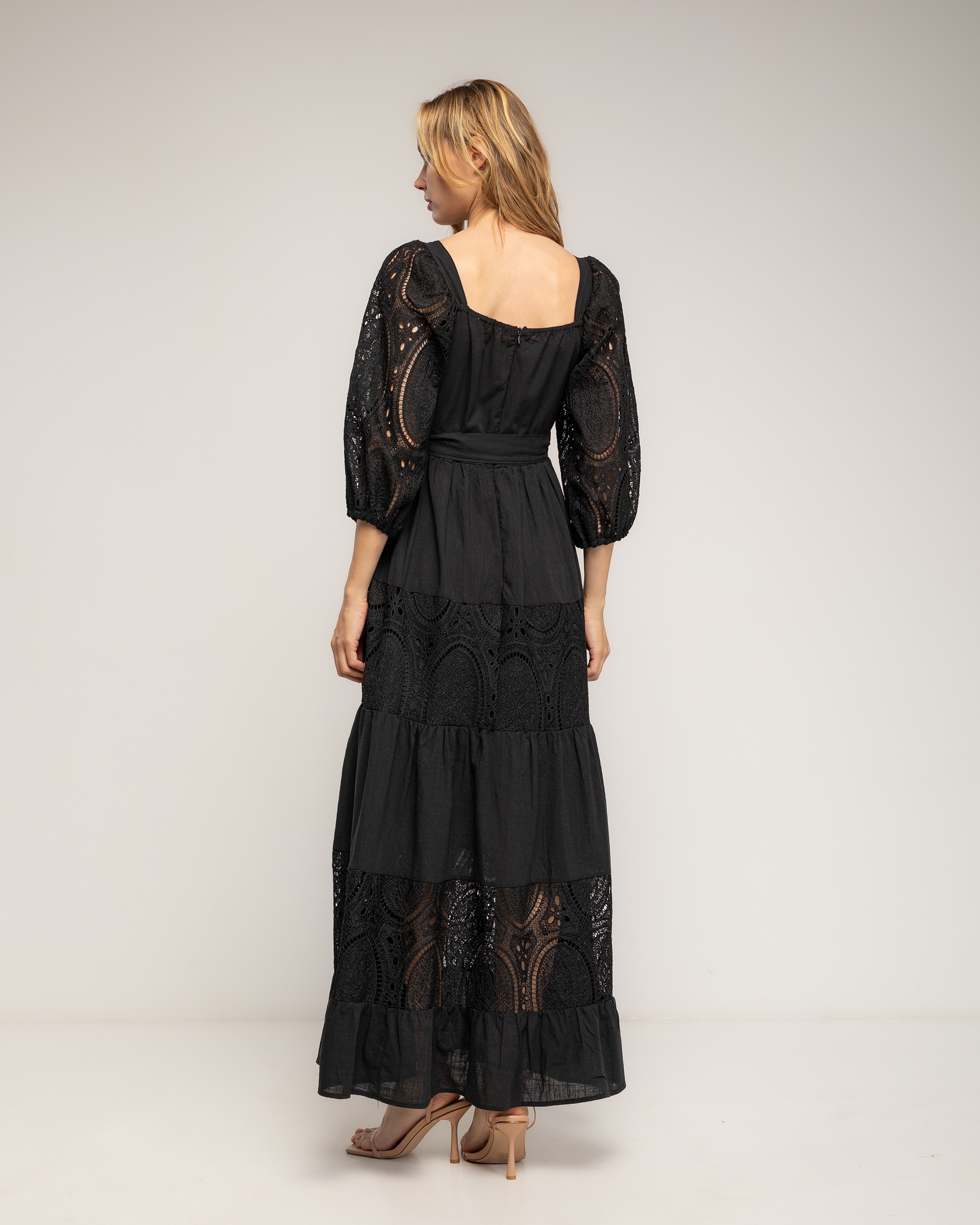 Vestido maxi con algodón, escote cuadrado y mangas farol - Tantra - Negro Negro-3