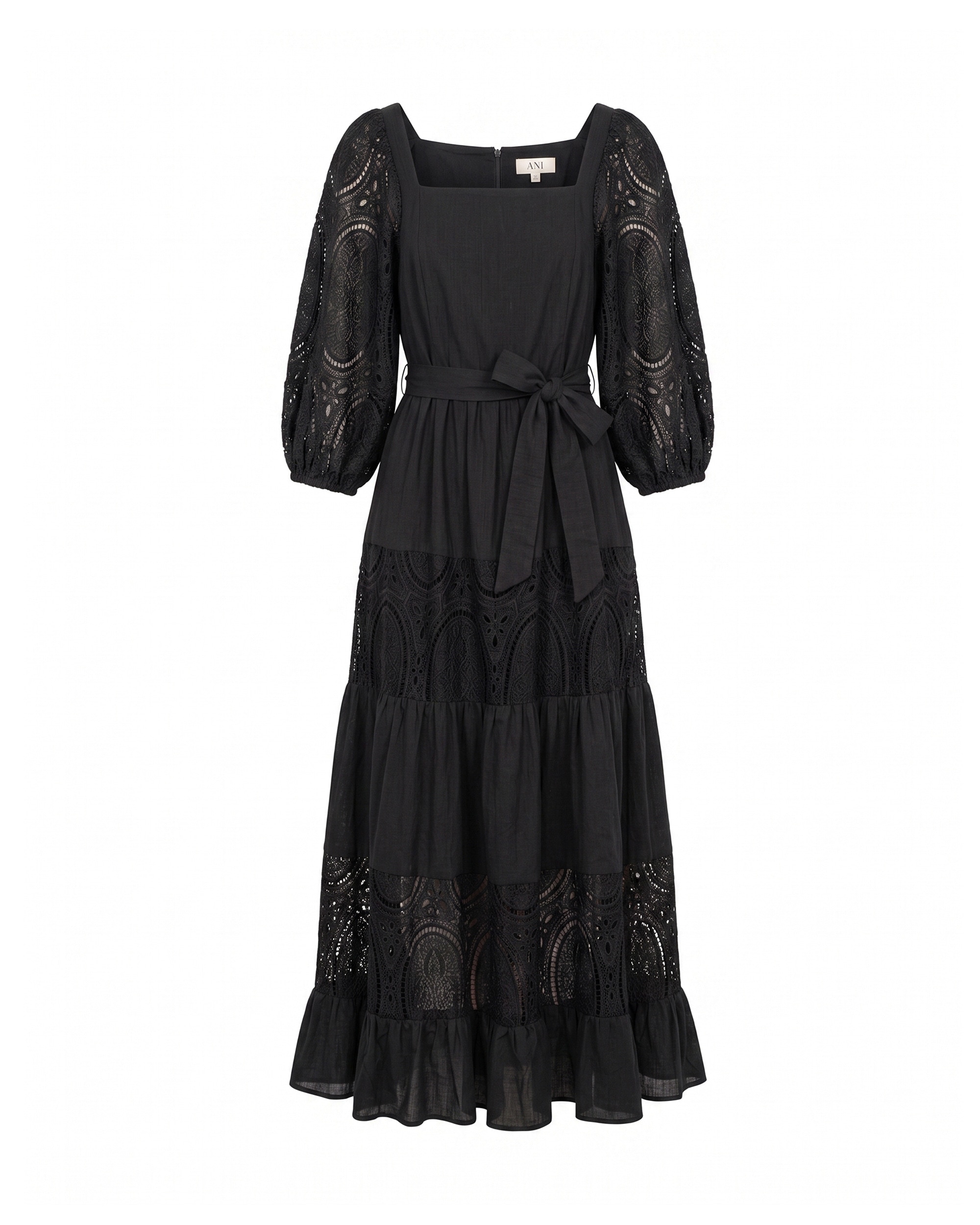 Vestido maxi con algodón, escote cuadrado y mangas farol - Tantra - Negro Negro-5