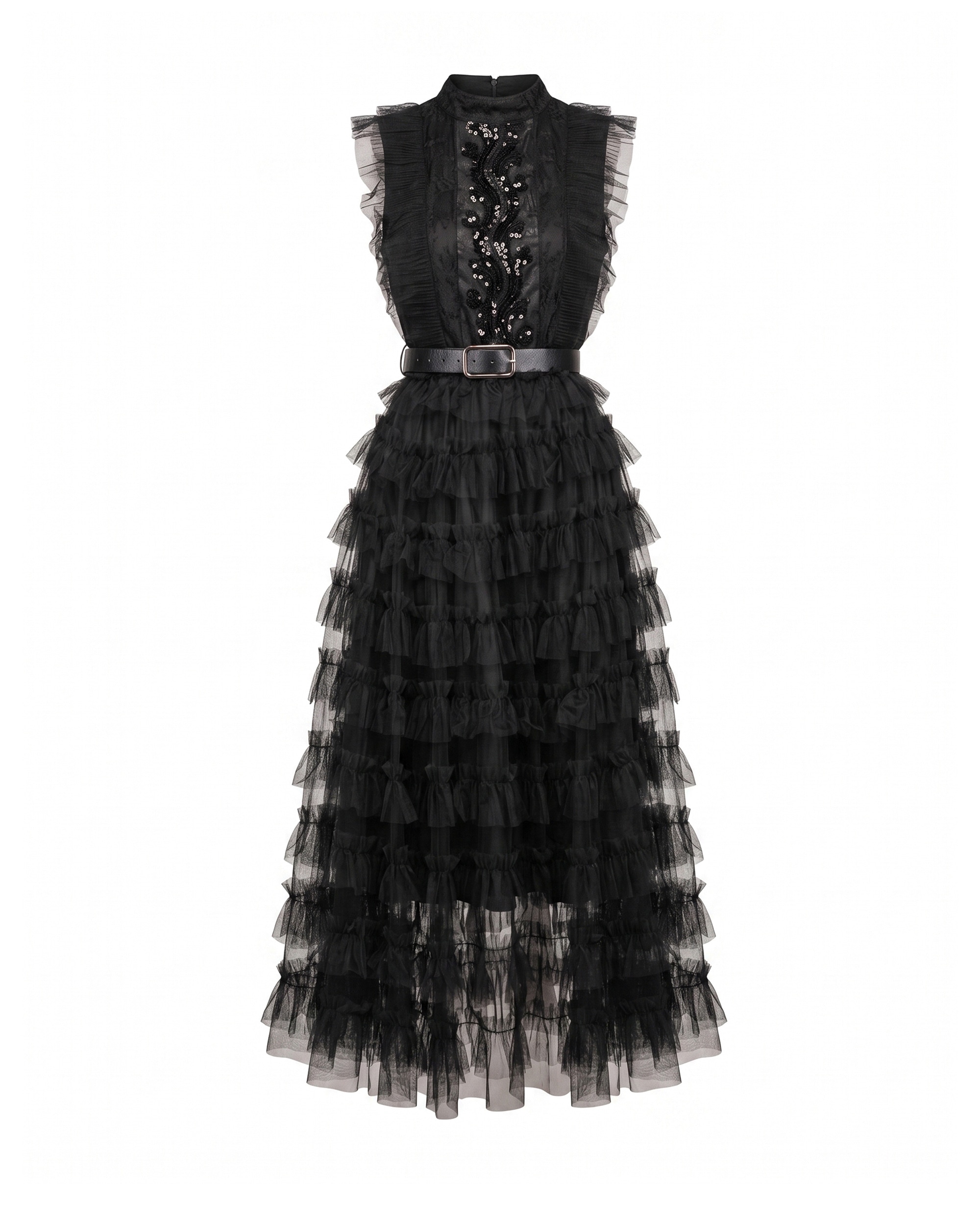 Vestido maxi de con falda de volantes y encaje y cuerpo con pedreria - Tantra - Negro Negro-5