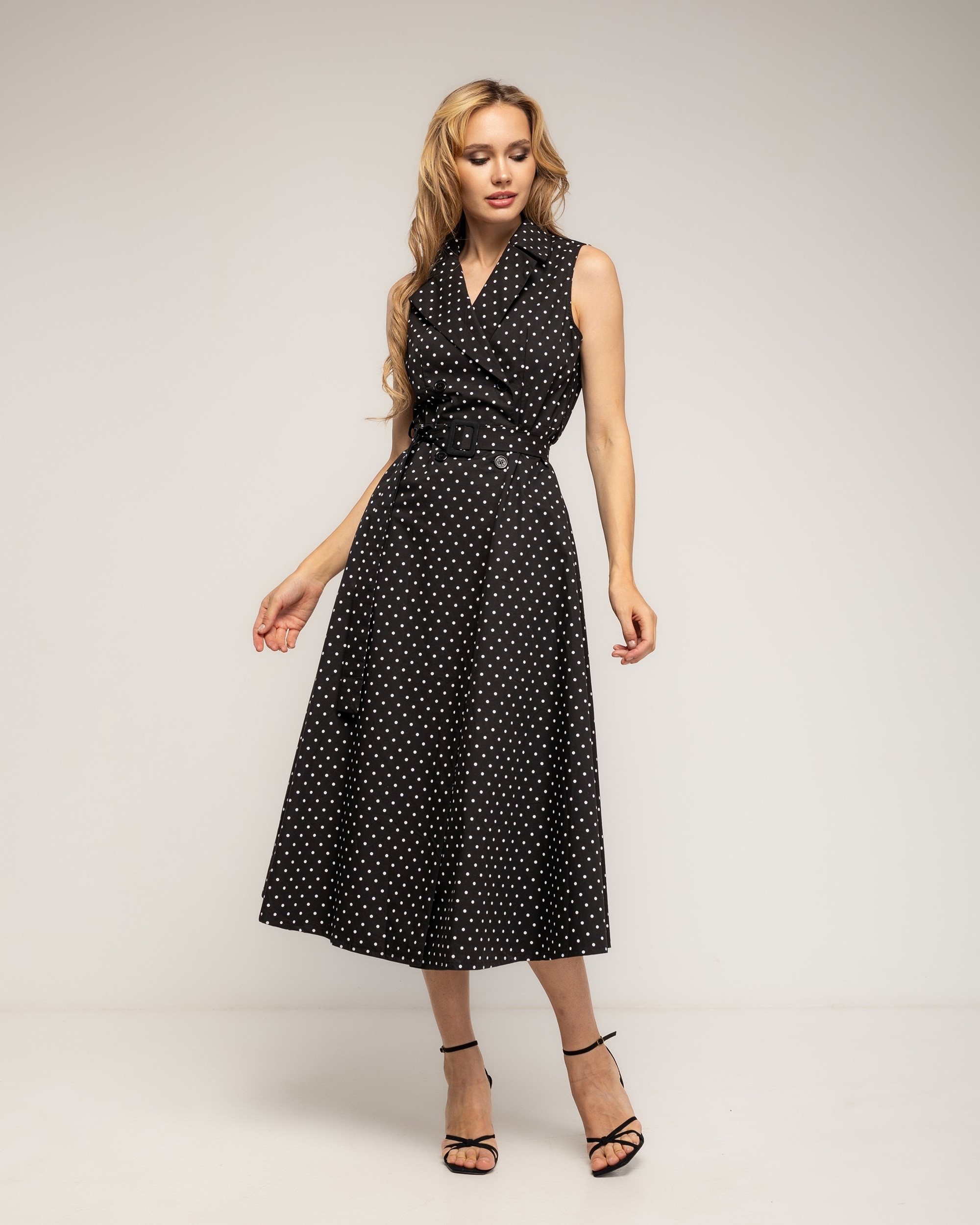 Vestido midi con algodón de lunares de doble botonadura - Tantra - Negro Negro-1