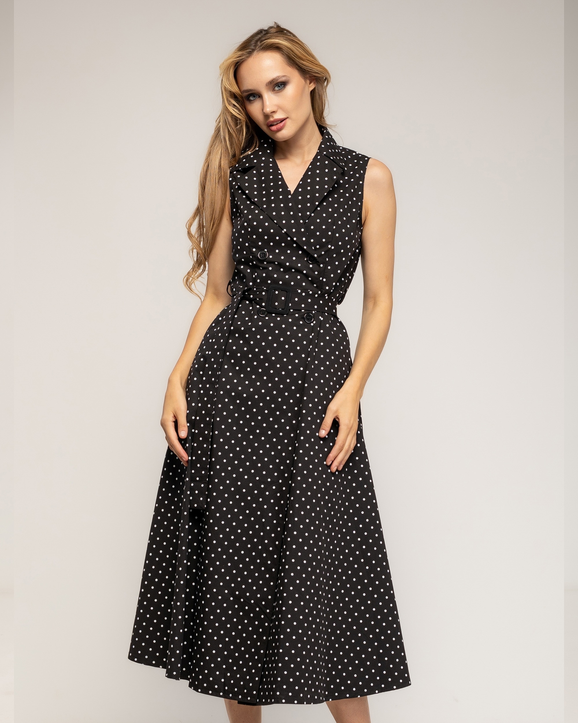 Vestido midi con algodón de lunares de doble botonadura - Tantra - Negro Negro-2