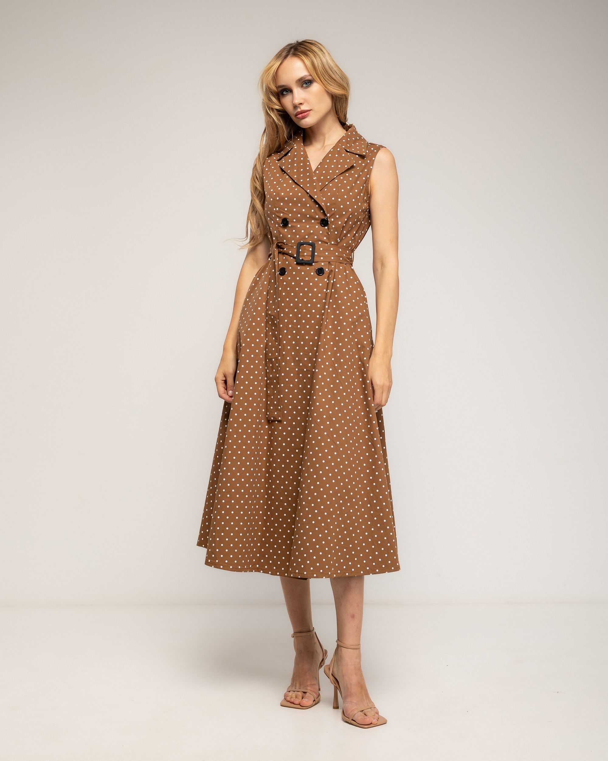 Vestido midi con algodón de lunares de doble botonadura - Tantra - Marrón Marrón-1