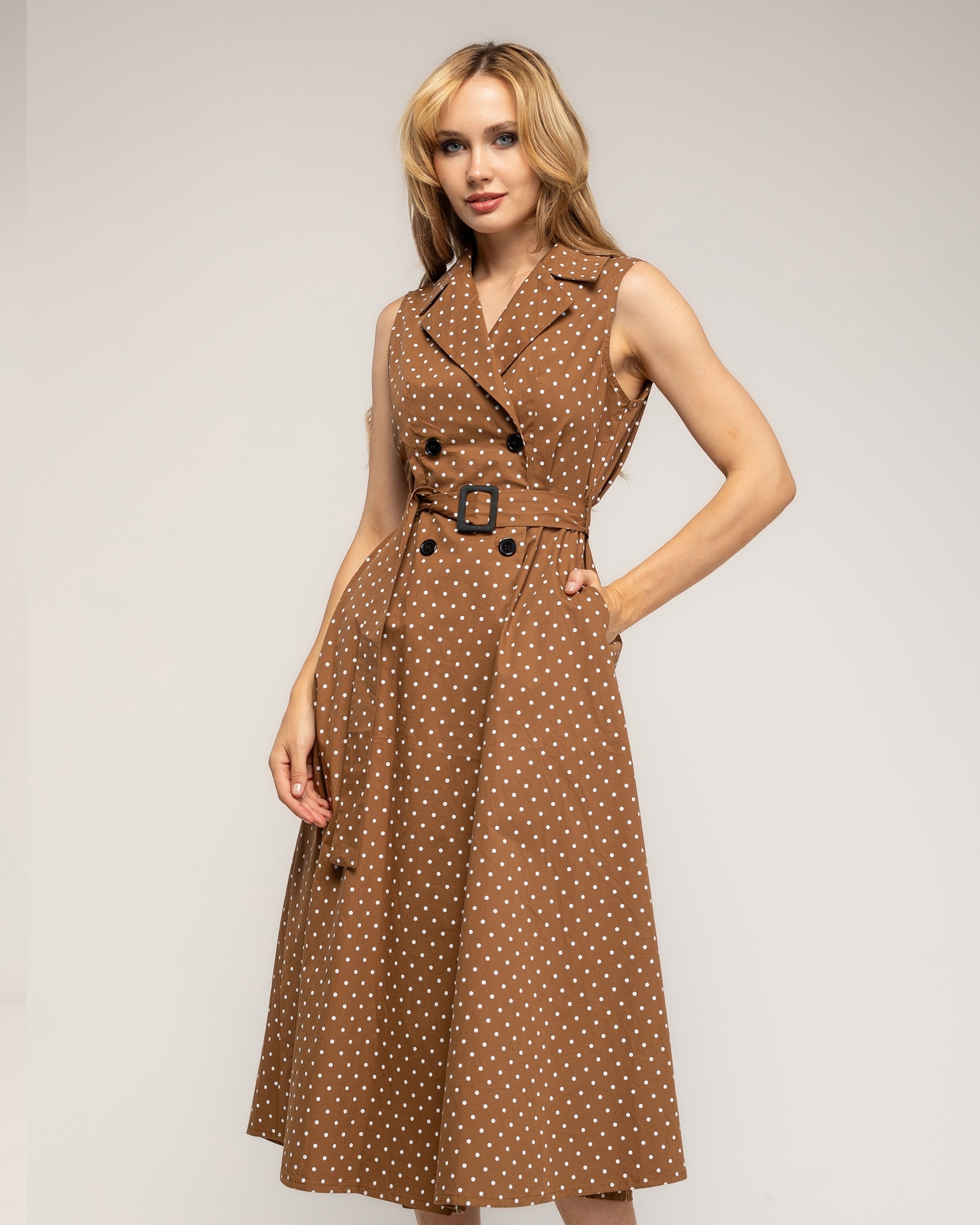 Vestido midi con algodón de lunares de doble botonadura - Tantra - Marrón Marrón-2