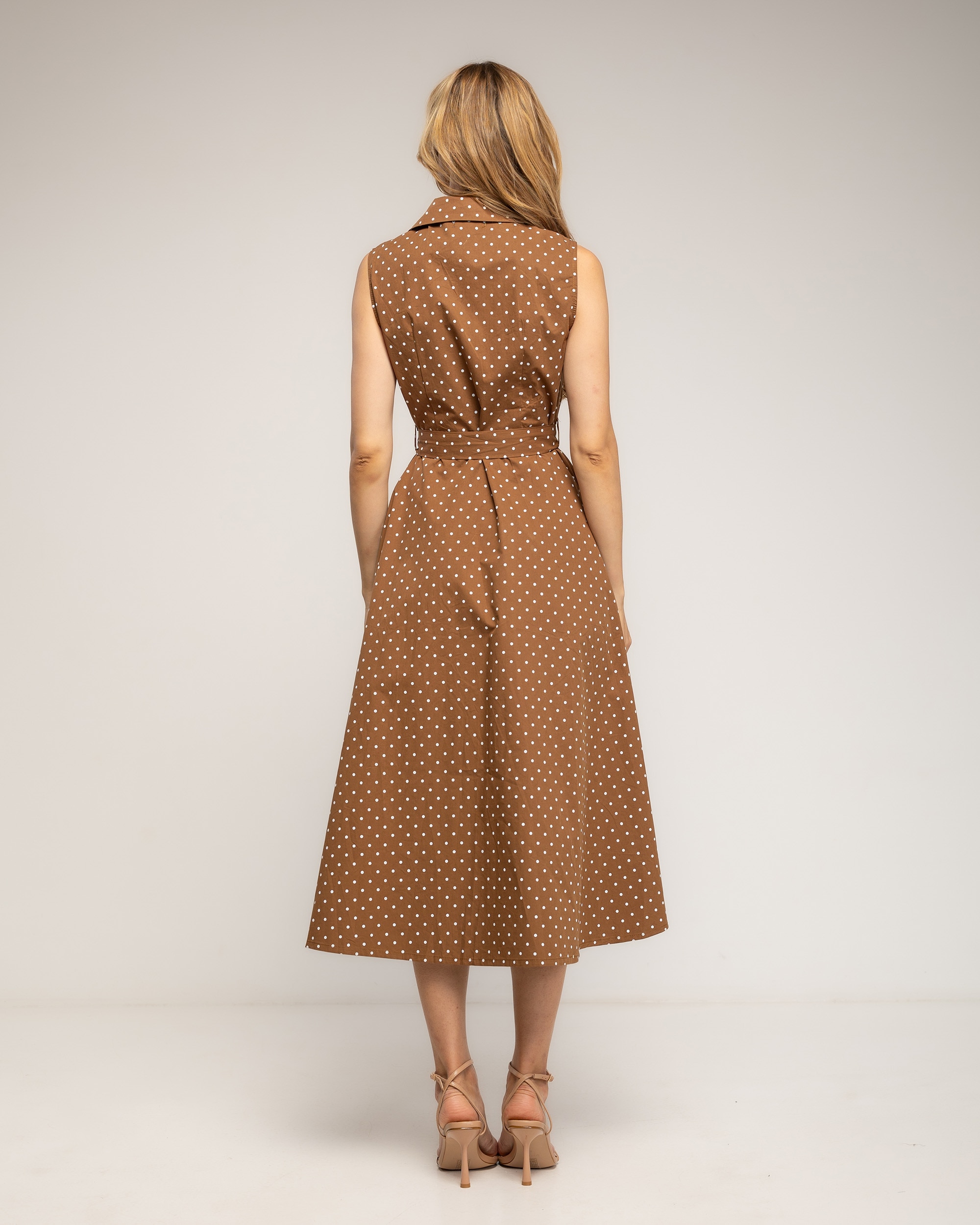 Vestido midi con algodón de lunares de doble botonadura - Tantra - Marrón Marrón-3
