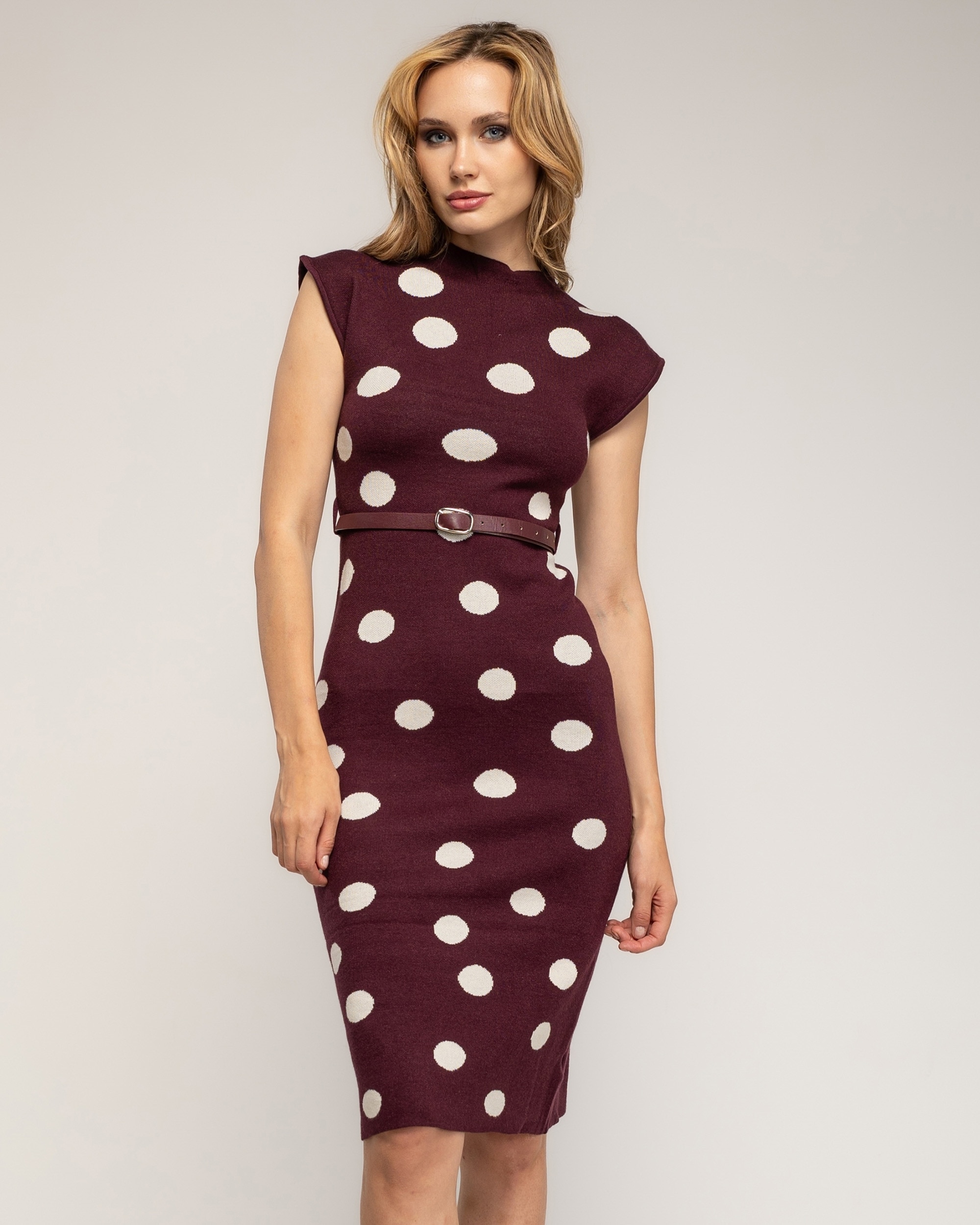 Vestido midi de punto con lunares - Tantra - Burdeos Burdeos-2