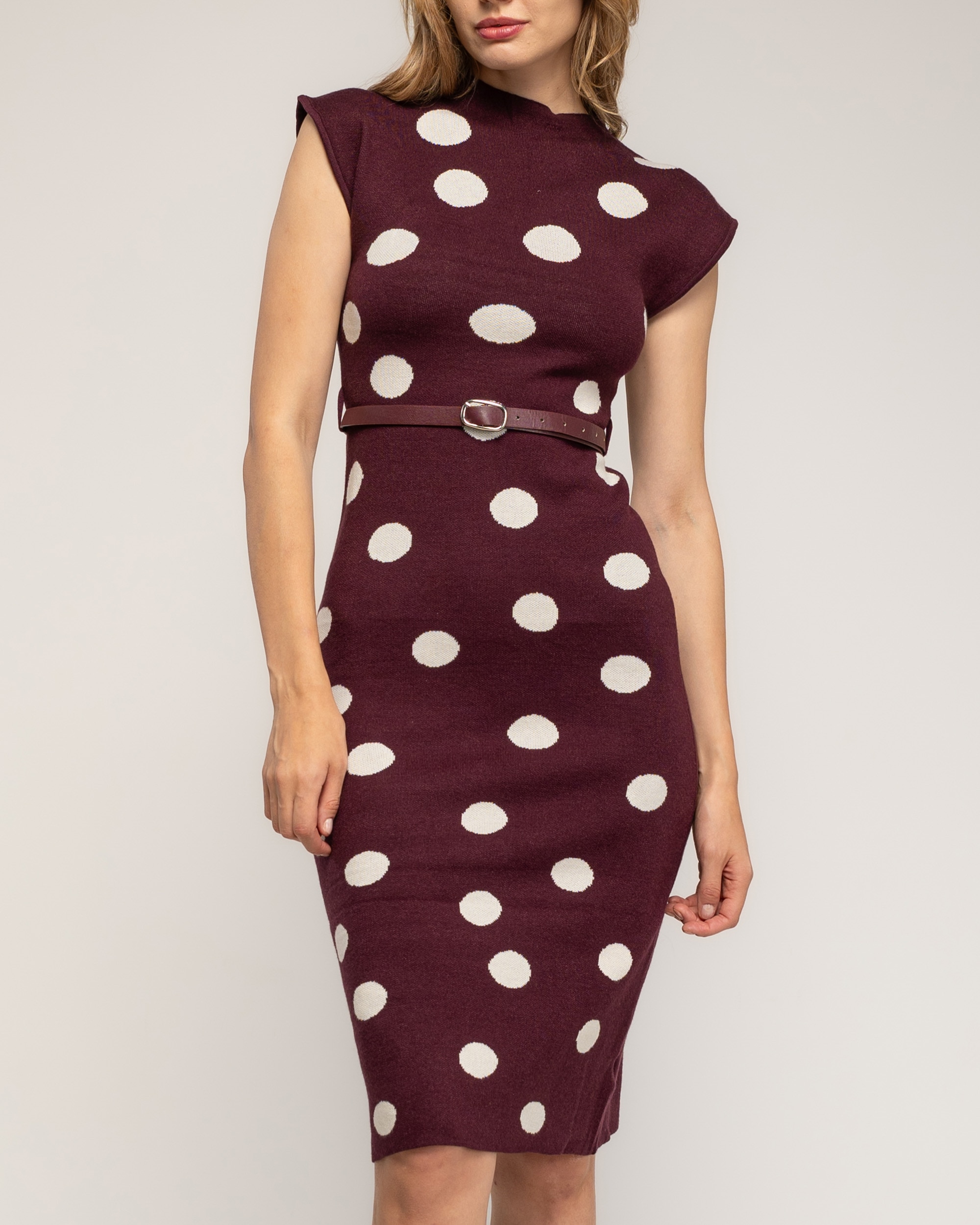 Vestido midi de punto con lunares - Tantra - Burdeos Burdeos-4