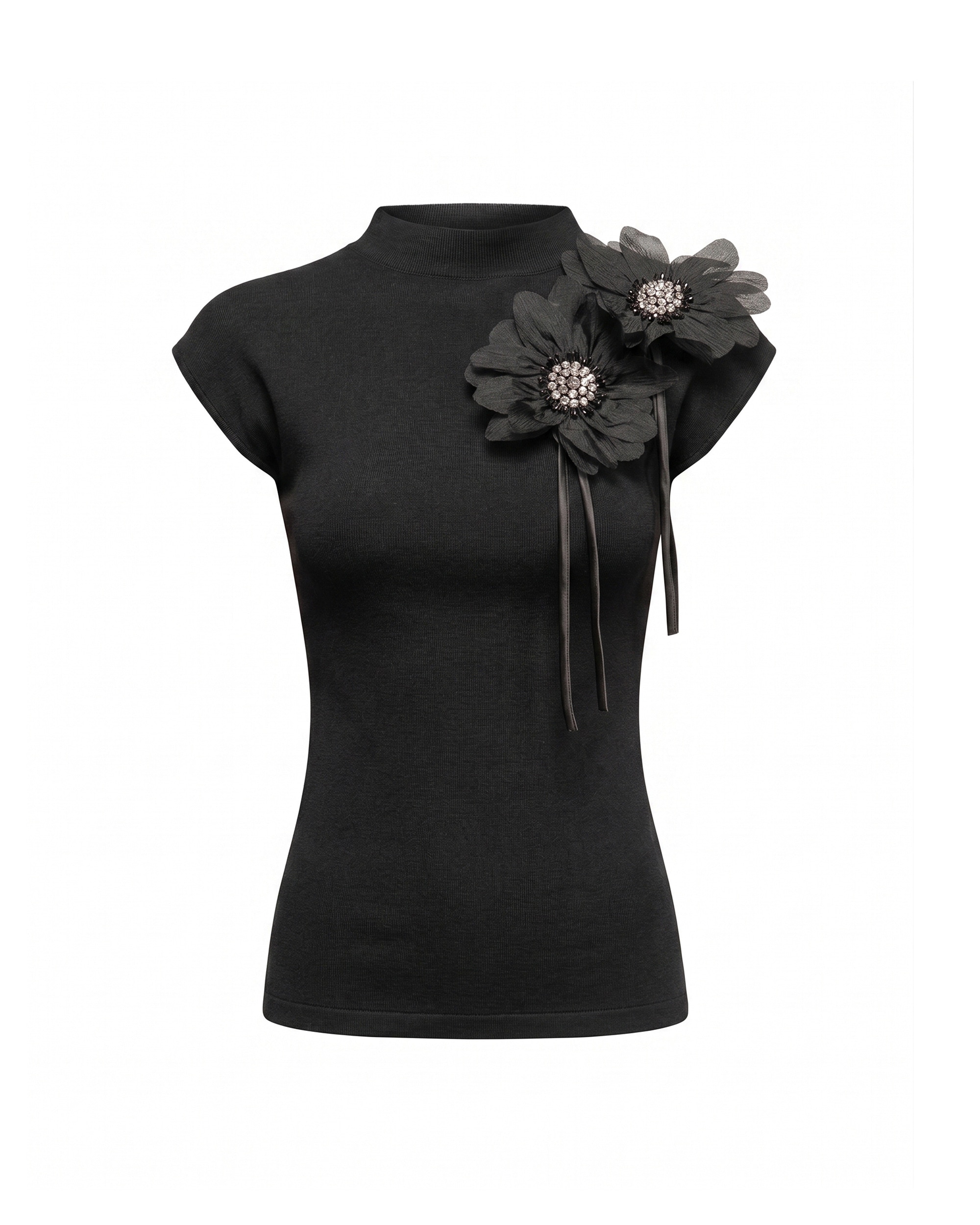 Top de mujer de punto con patch de flores - Tantra - Negro Negro-5