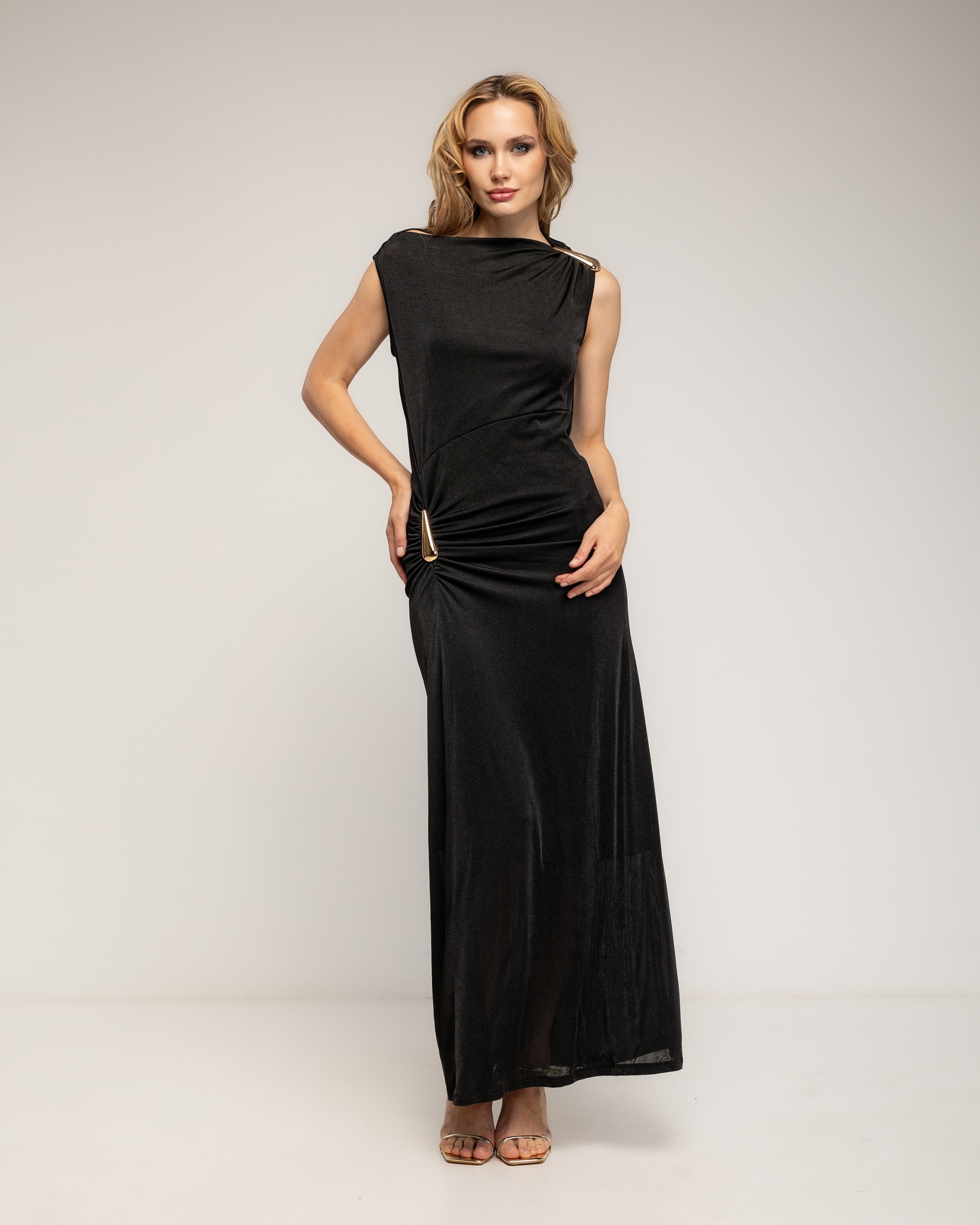Vestido largo con drapeado en la cadera - Tantra - Negro Negro-4