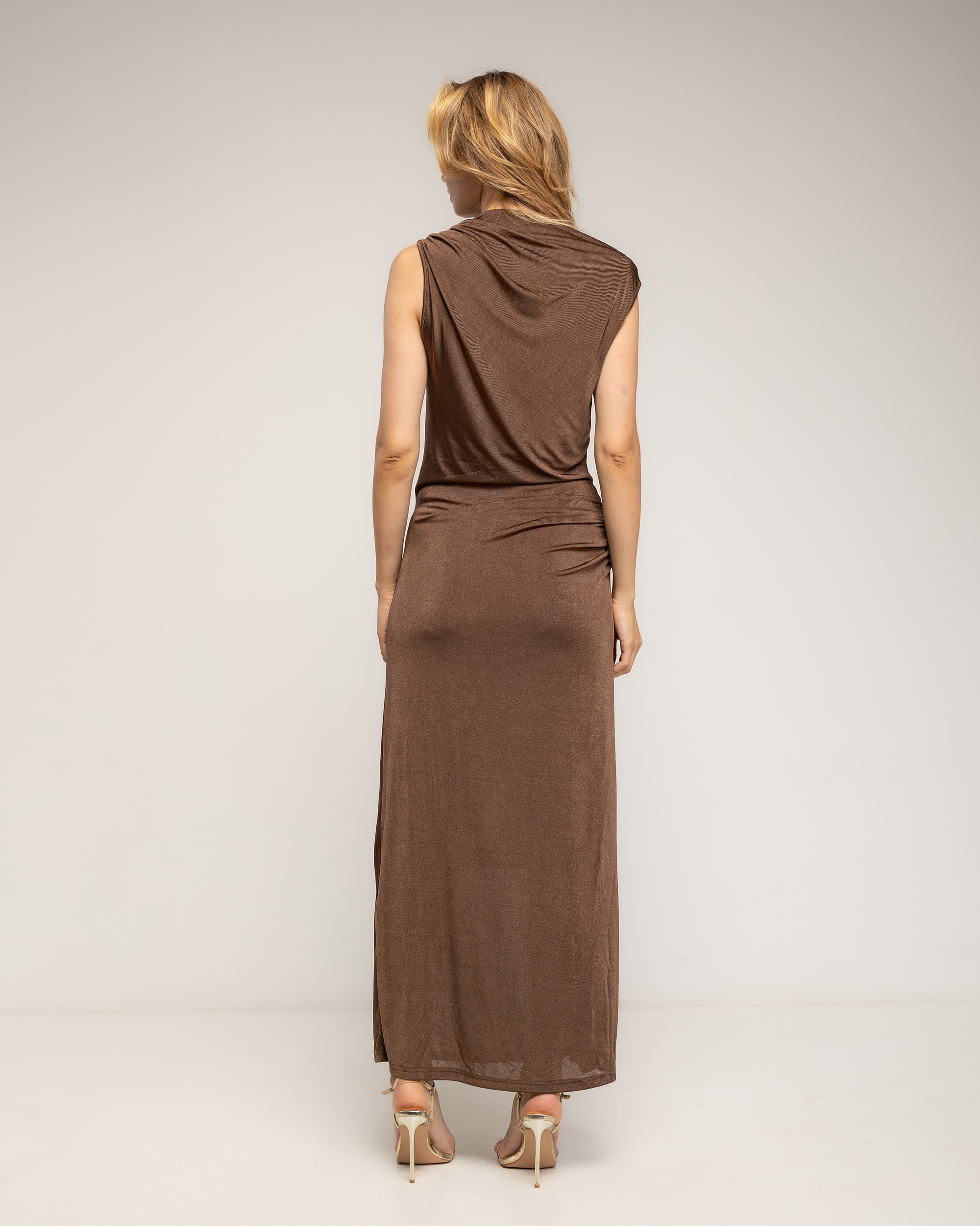Vestido largo con drapeado en la cadera - Tantra - Marrón Marrón-2
