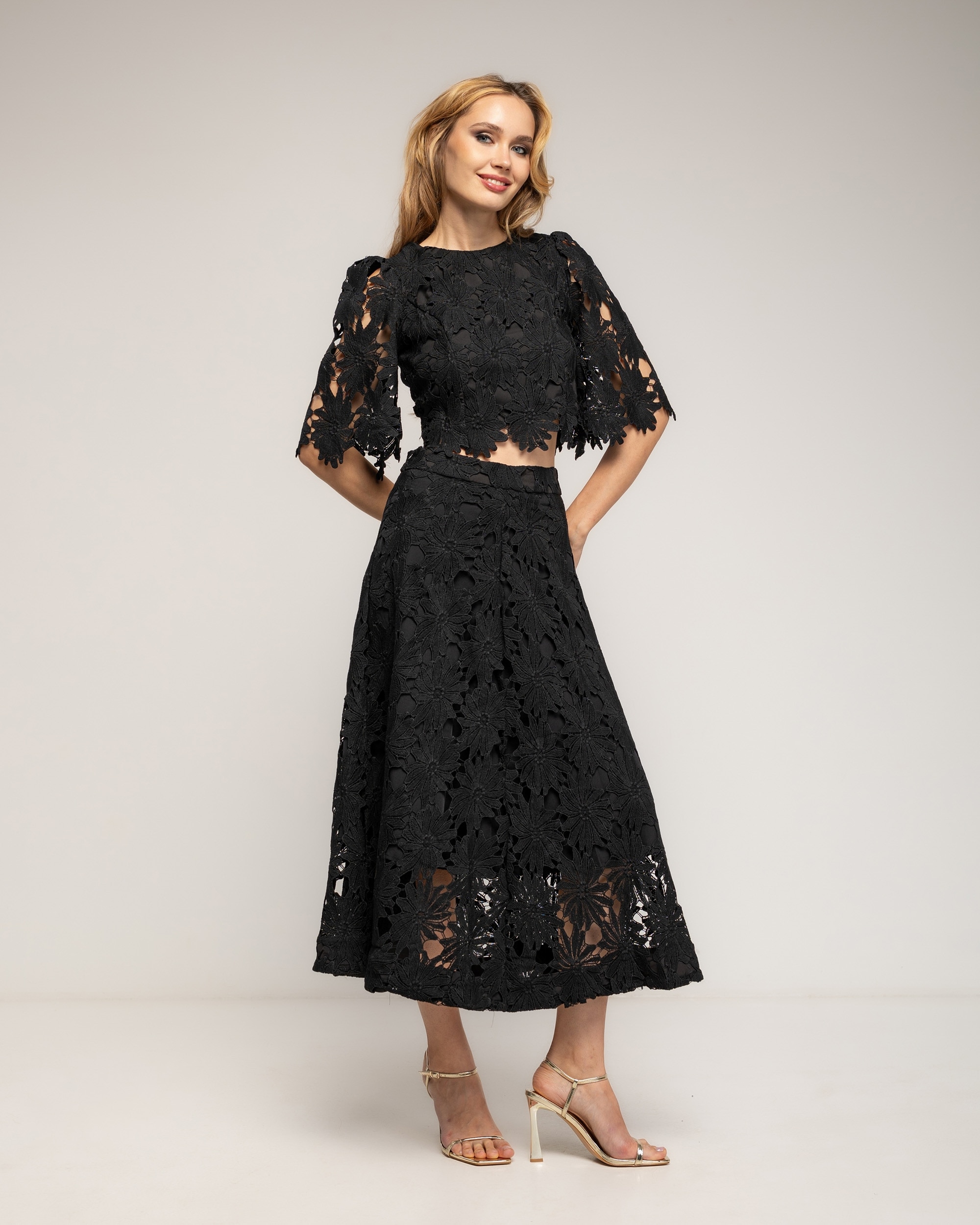 Falda midi de guipur corte en a - Tantra - Negro Negro-1