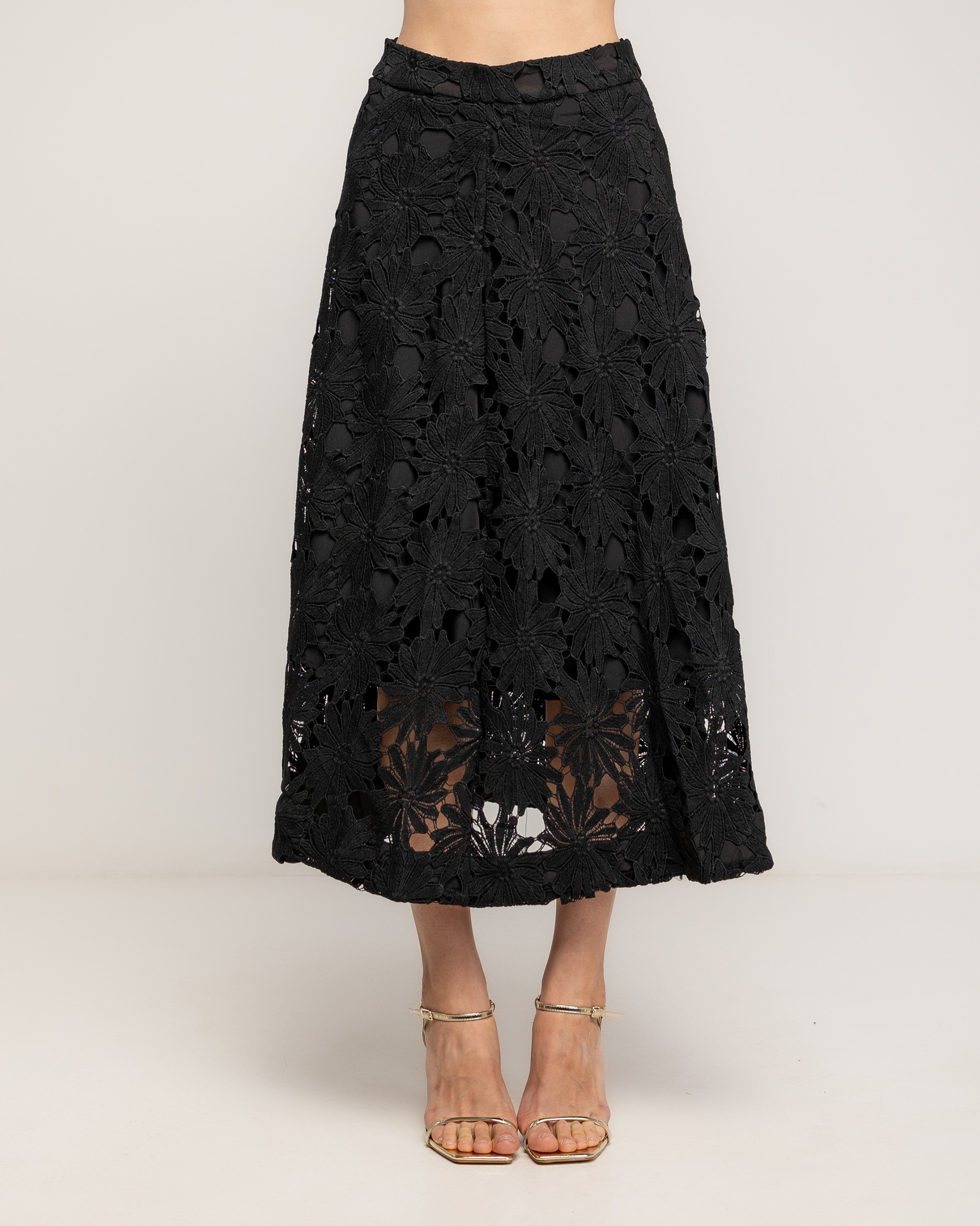Falda midi de guipur corte en a - Tantra - Negro Negro-2