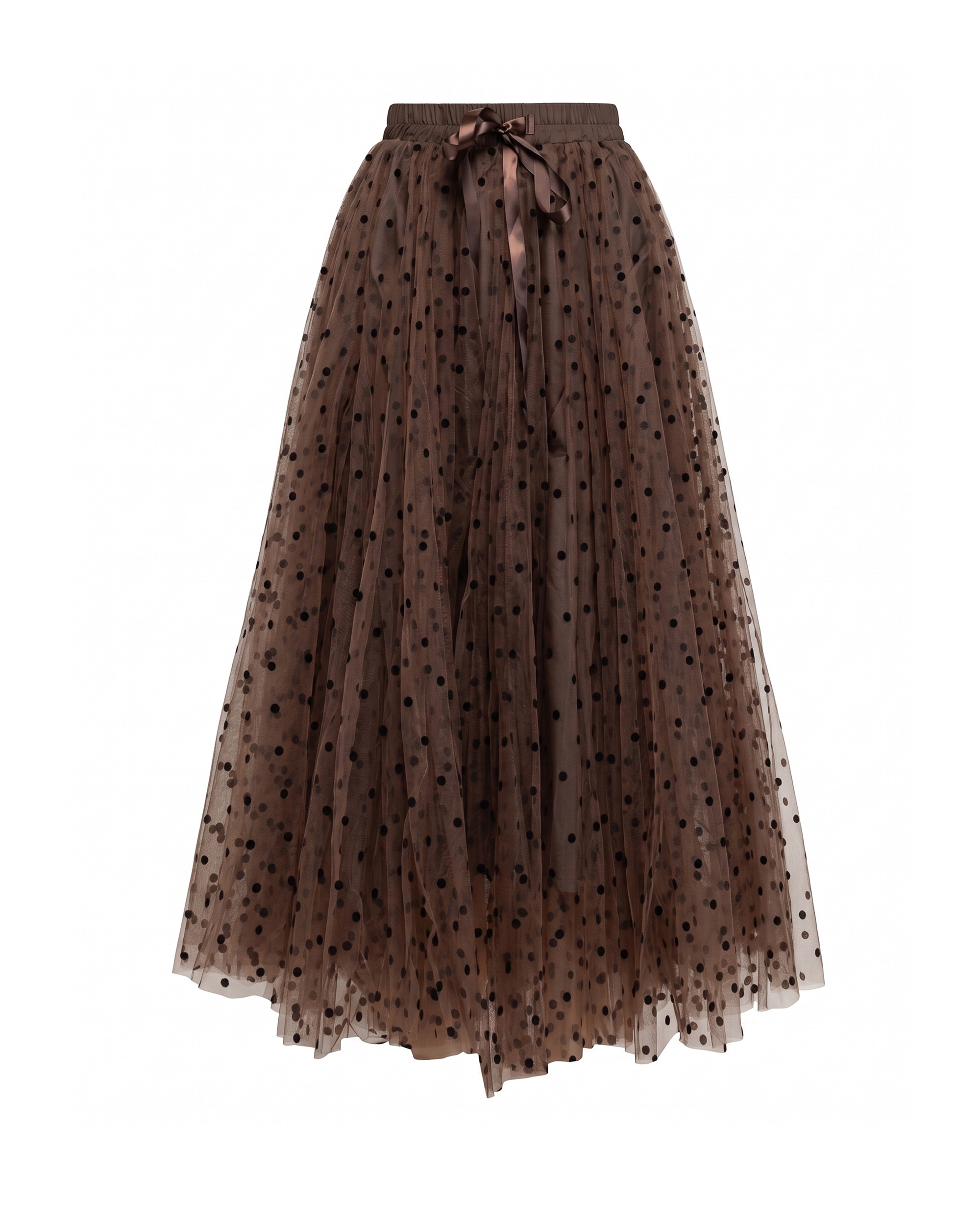 Falda midi de tul con lunares, corte tipo a, cintura elástica con lazo - Tantra - Marrón Marrón-5