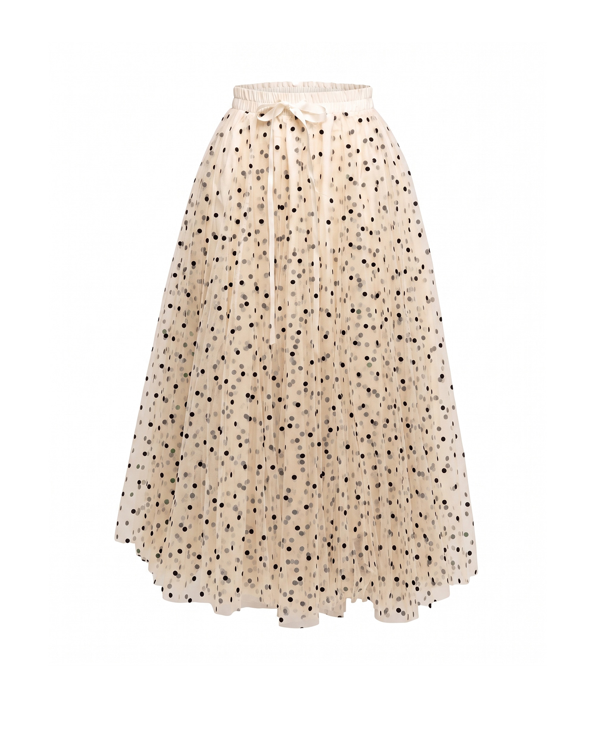 Falda midi de tul con lunares, corte tipo a, cintura elástica con lazo - Tantra - Crudo Crudo-5
