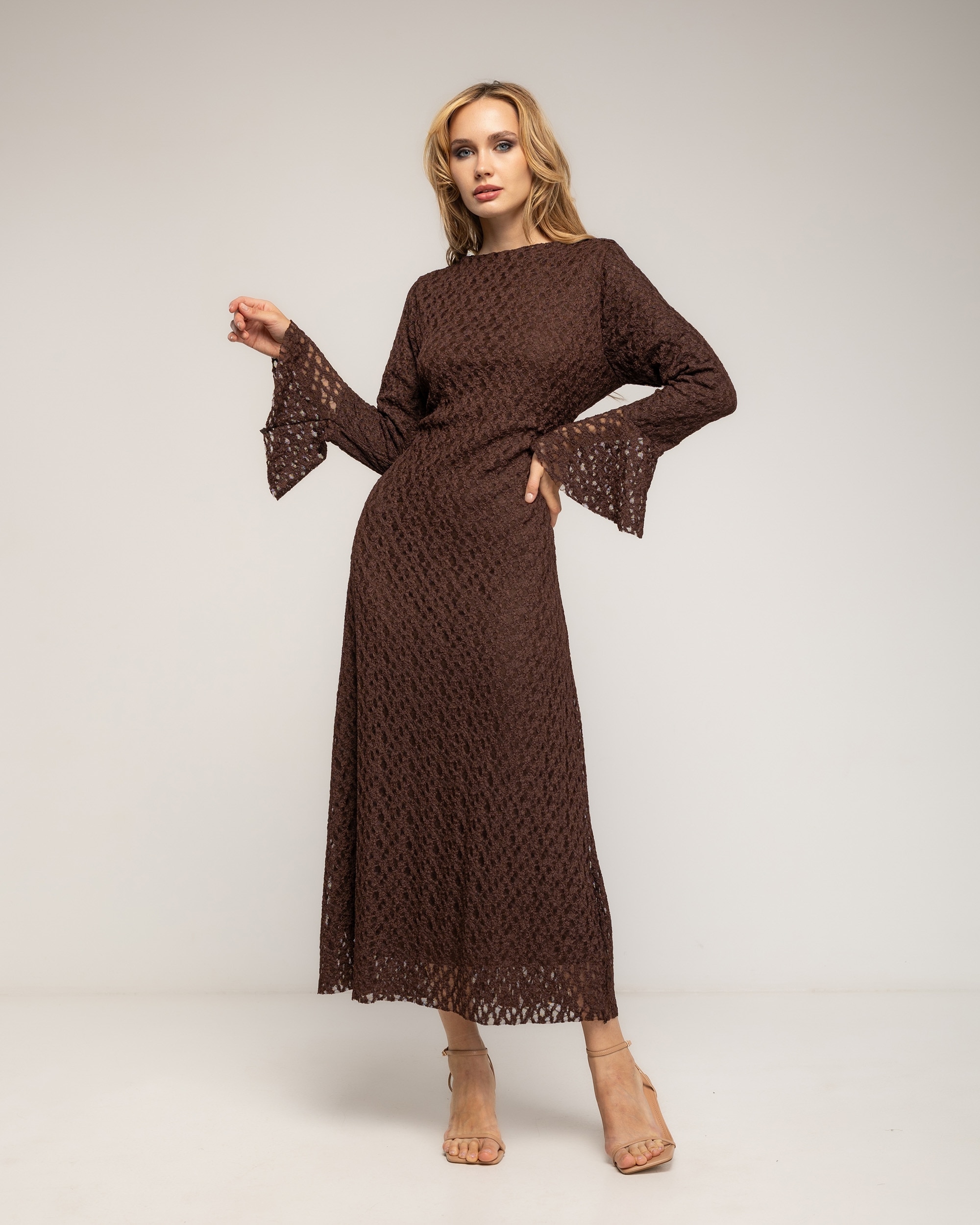 Vestido largo de encaje con volantes en los puños - Tantra - Marrón Marrón-1