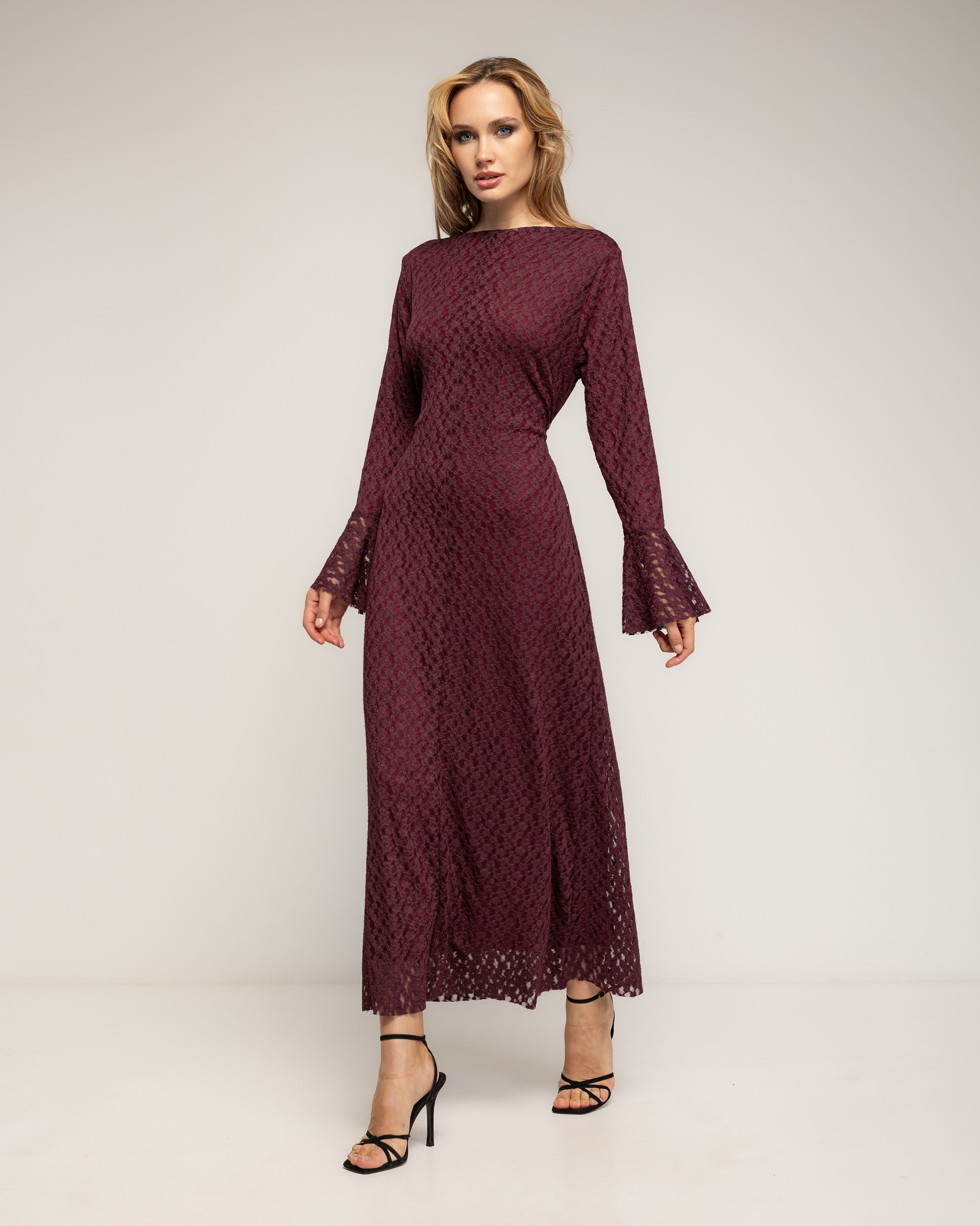 Vestido largo de encaje con volantes en los puños - Tantra - Burdeos Burdeos-1