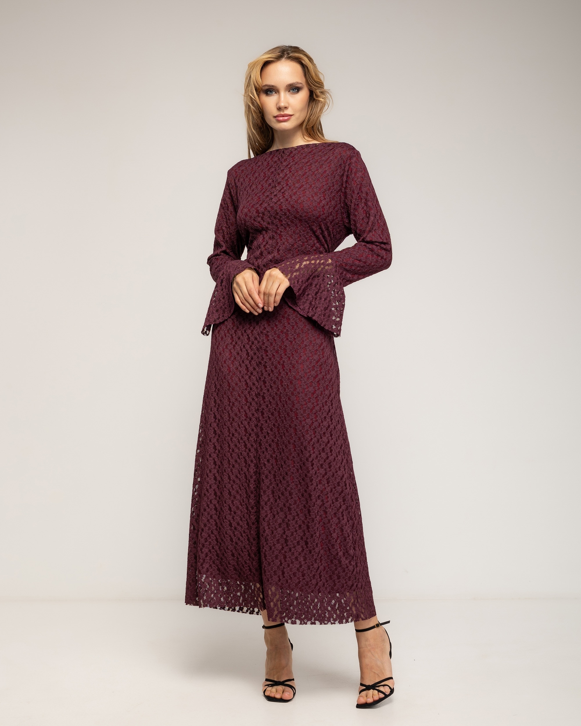 Vestido largo de encaje con volantes en los puños - Tantra - Burdeos Burdeos-2