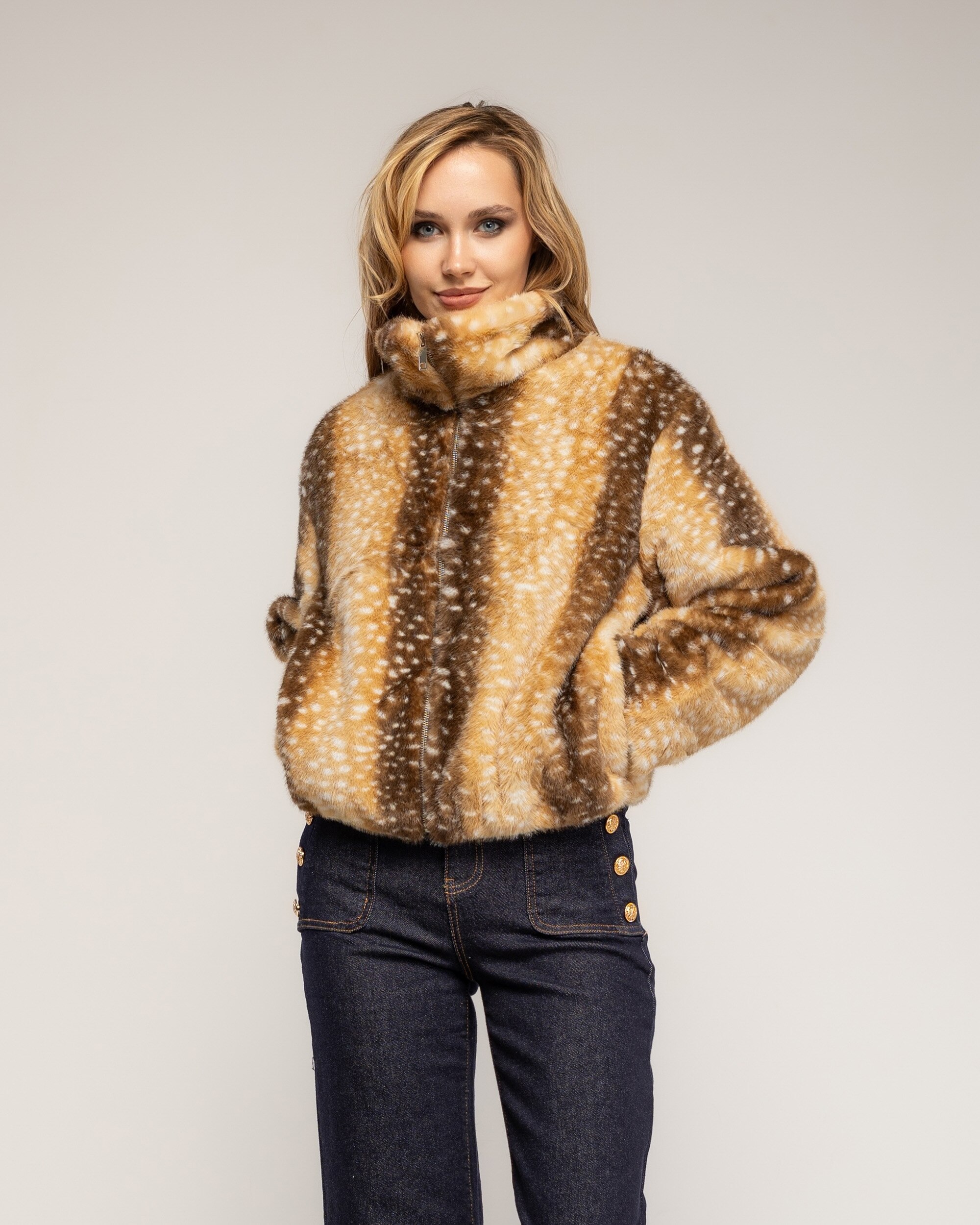 Chaqueta de mujer de pelo sintético con estampado tipo bambi con cierre de cremallera - Tantra - Camel Camel-1