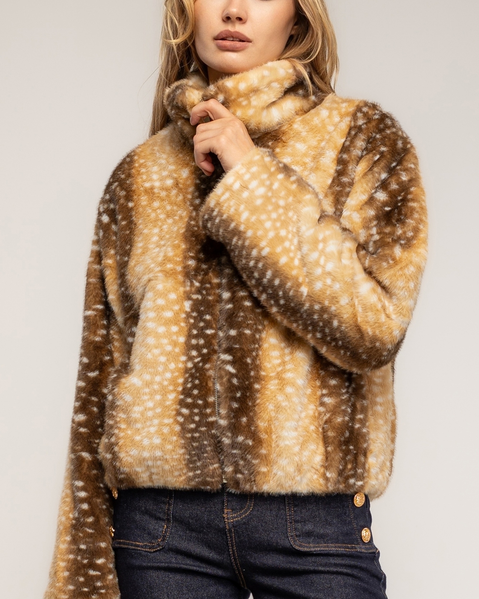 Chaqueta de mujer de pelo sintético con estampado tipo bambi con cierre de cremallera - Tantra - Camel Camel-3