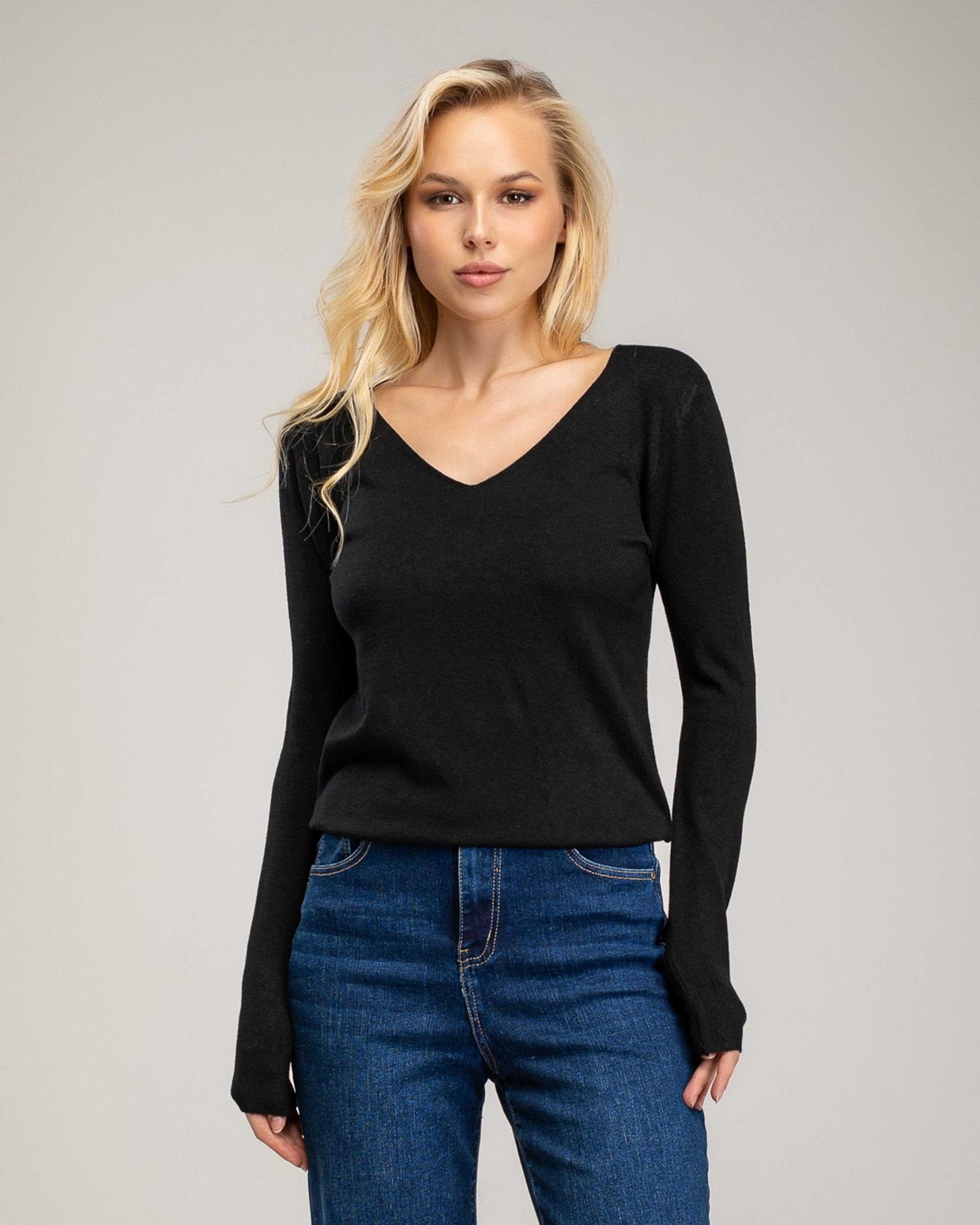 Jersey de punto fino de mujer con cuello pico - Tantra - Negro Negro-1