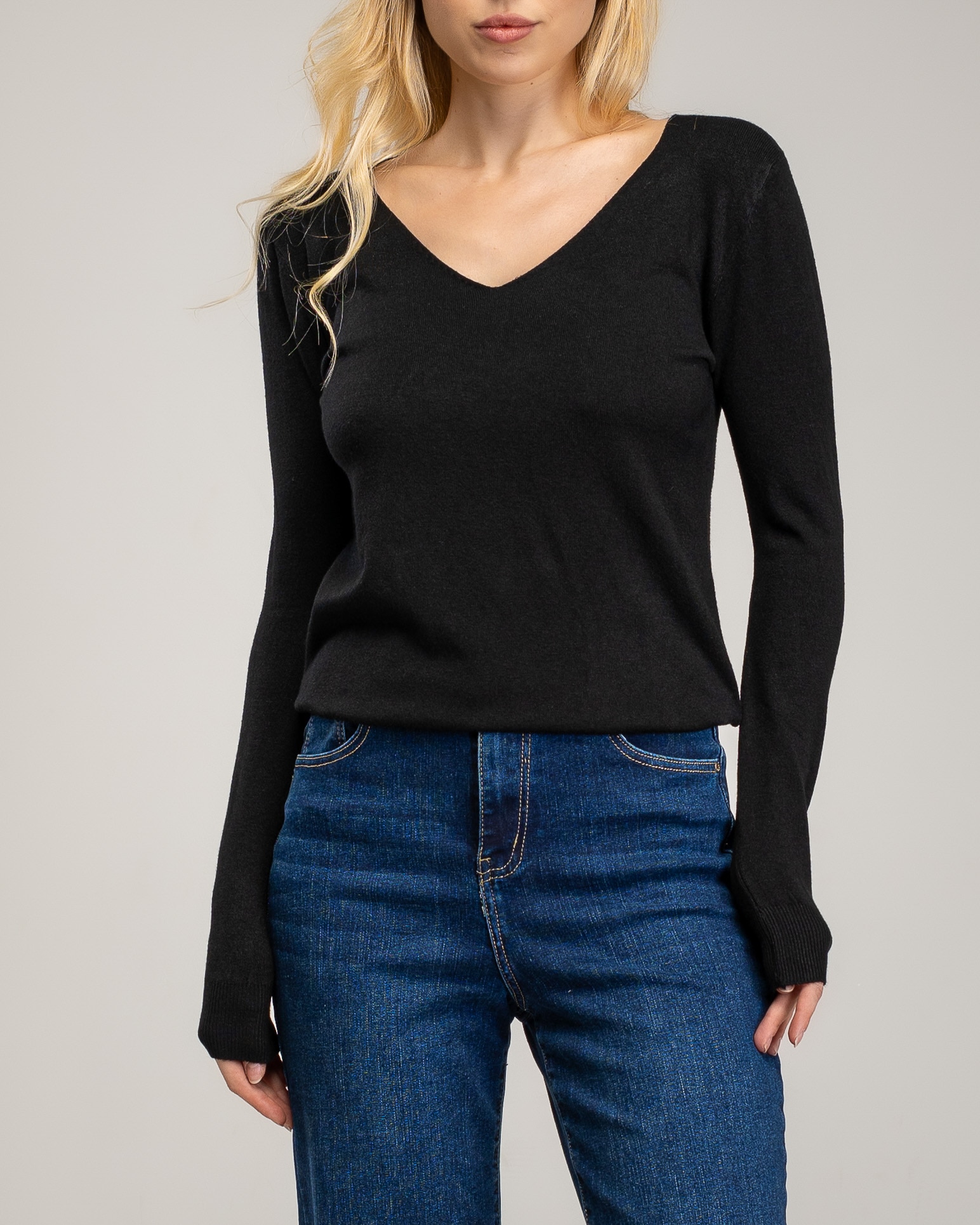 Jersey de punto fino de mujer con cuello pico - Tantra - Negro Negro-3