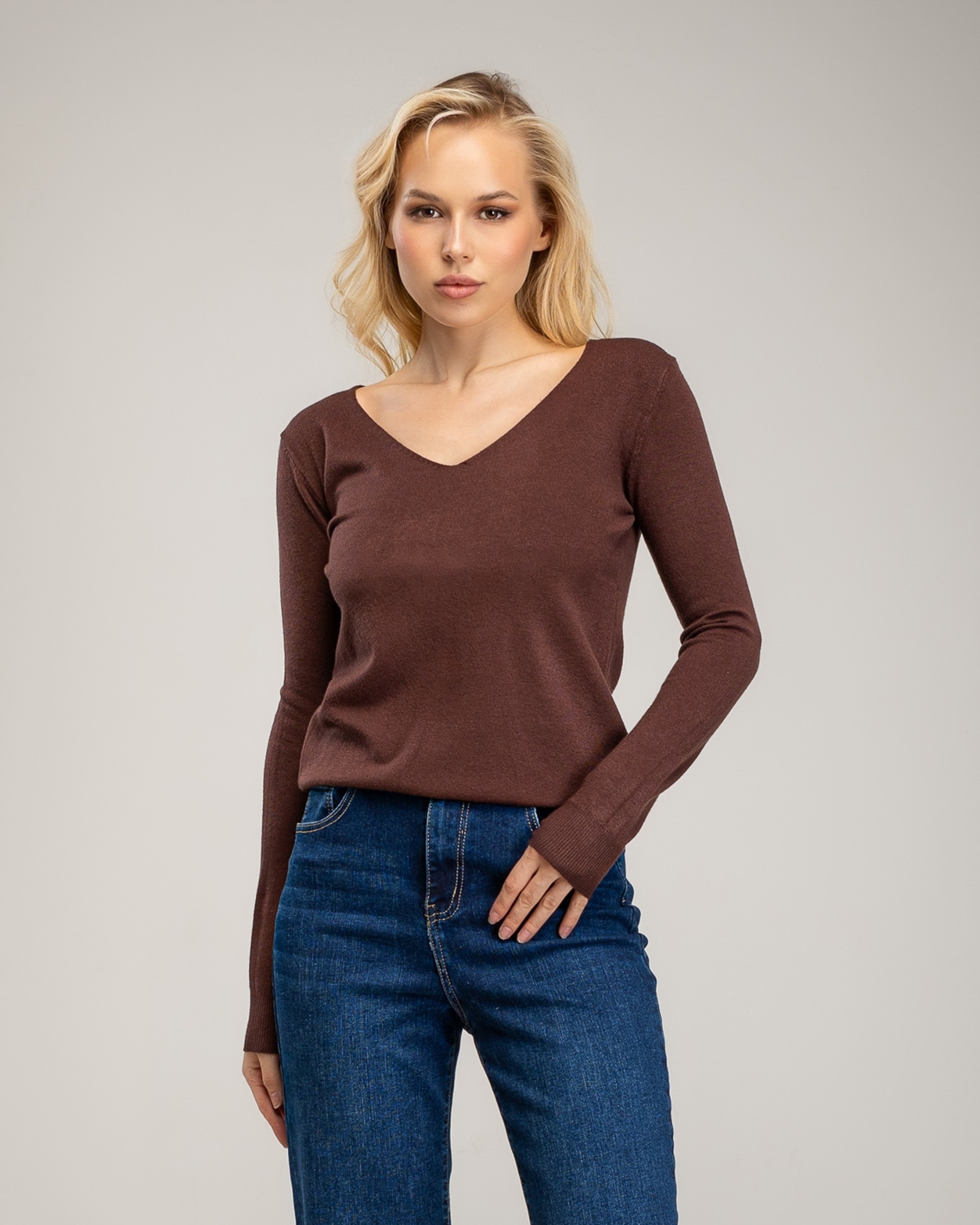 Jersey de punto fino de mujer con cuello pico - Tantra - Marrón Marrón-1