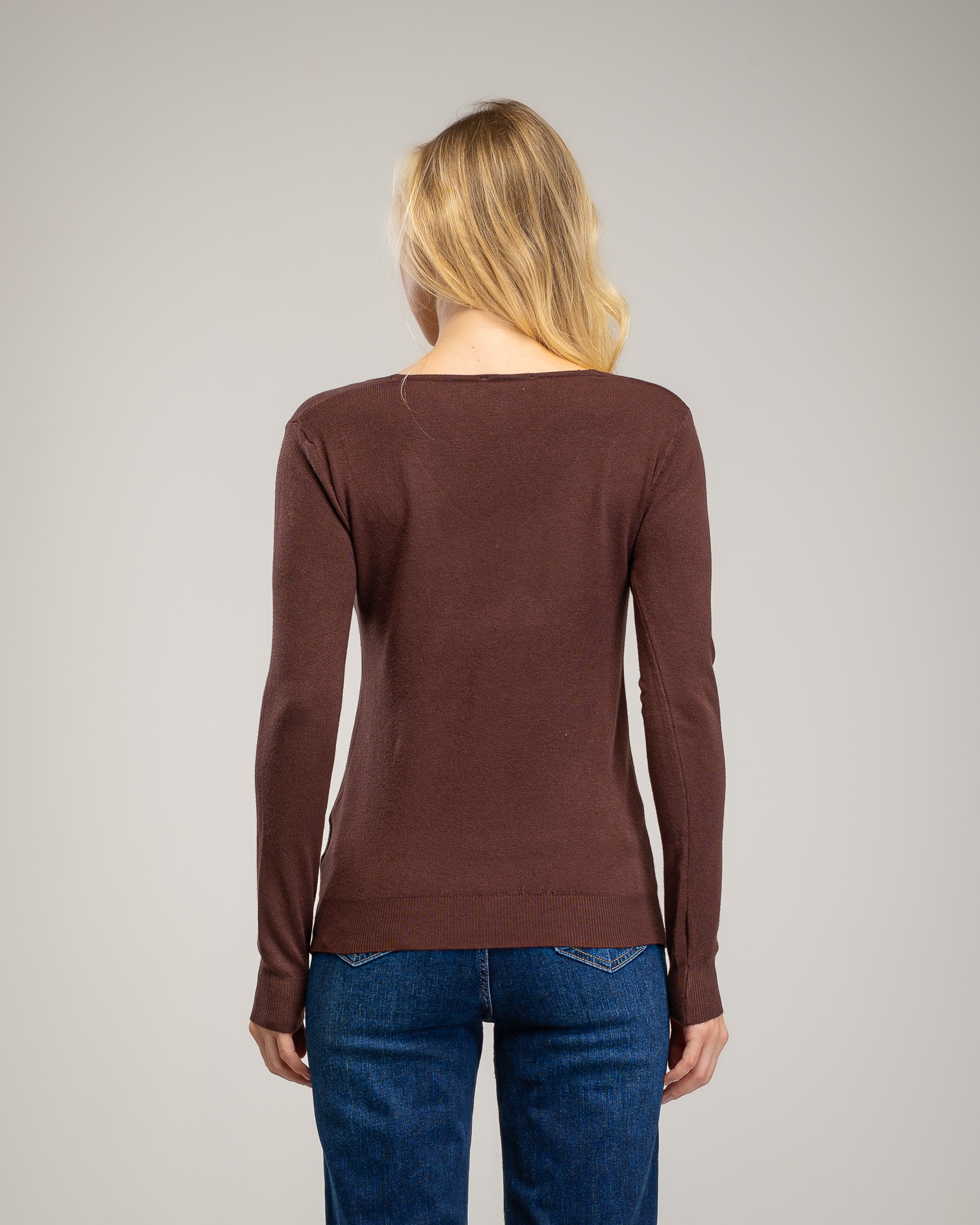 Jersey de punto fino de mujer con cuello pico - Tantra - Marrón Marrón-2