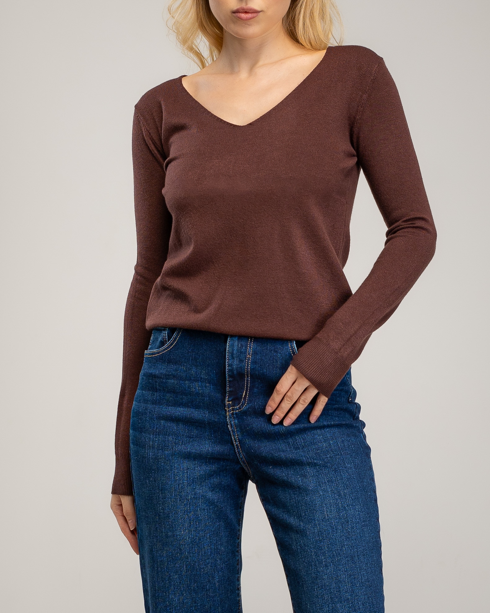 Jersey de punto fino de mujer con cuello pico - Tantra - Marrón Marrón-3